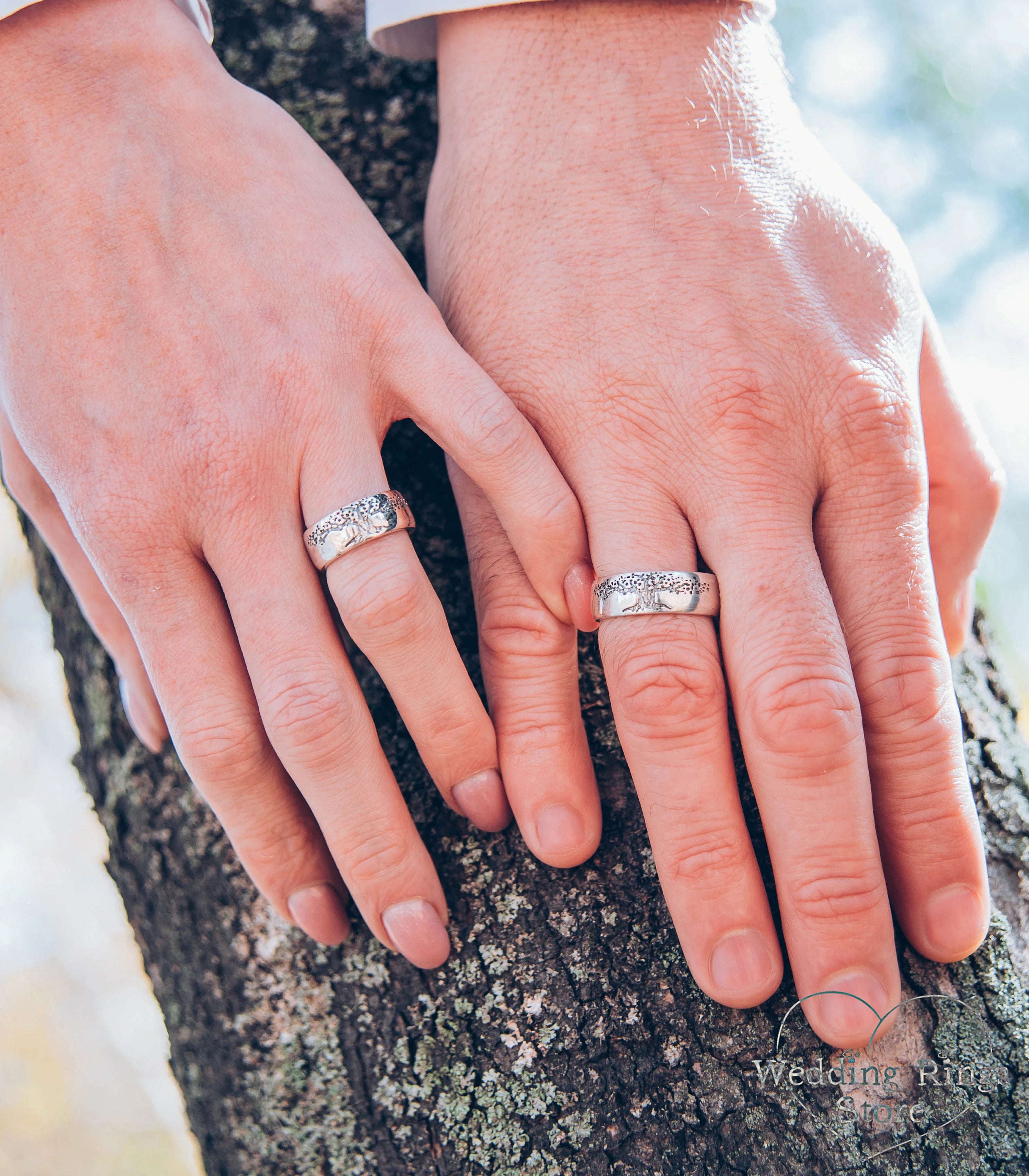 Family Tree Unique Silver Couple Wedding Bands Set