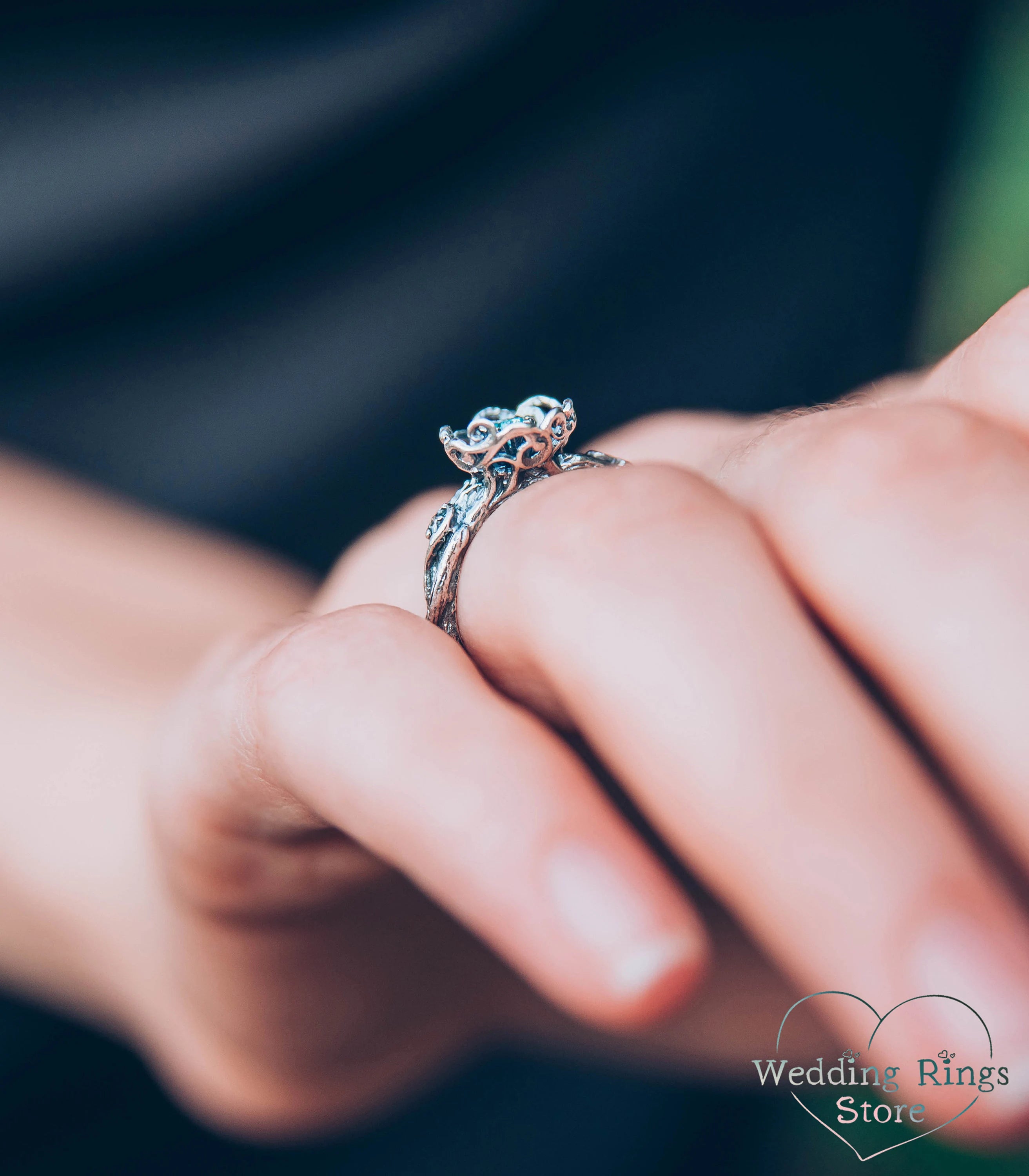 Unique Handmade Silver Floral Ring with dainty Swiss Topaz