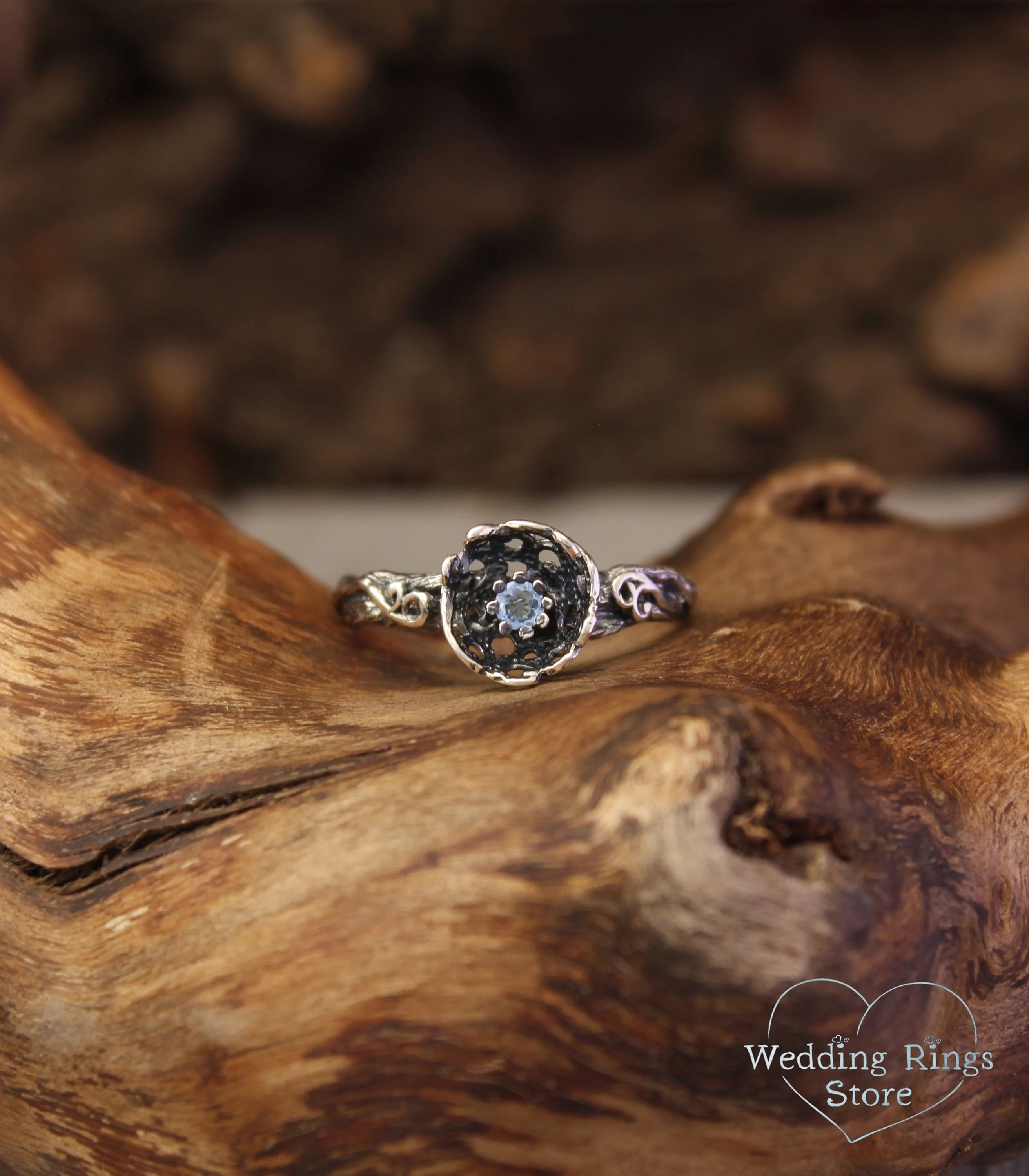 Unique Handmade Silver Floral Ring with dainty Swiss Topaz