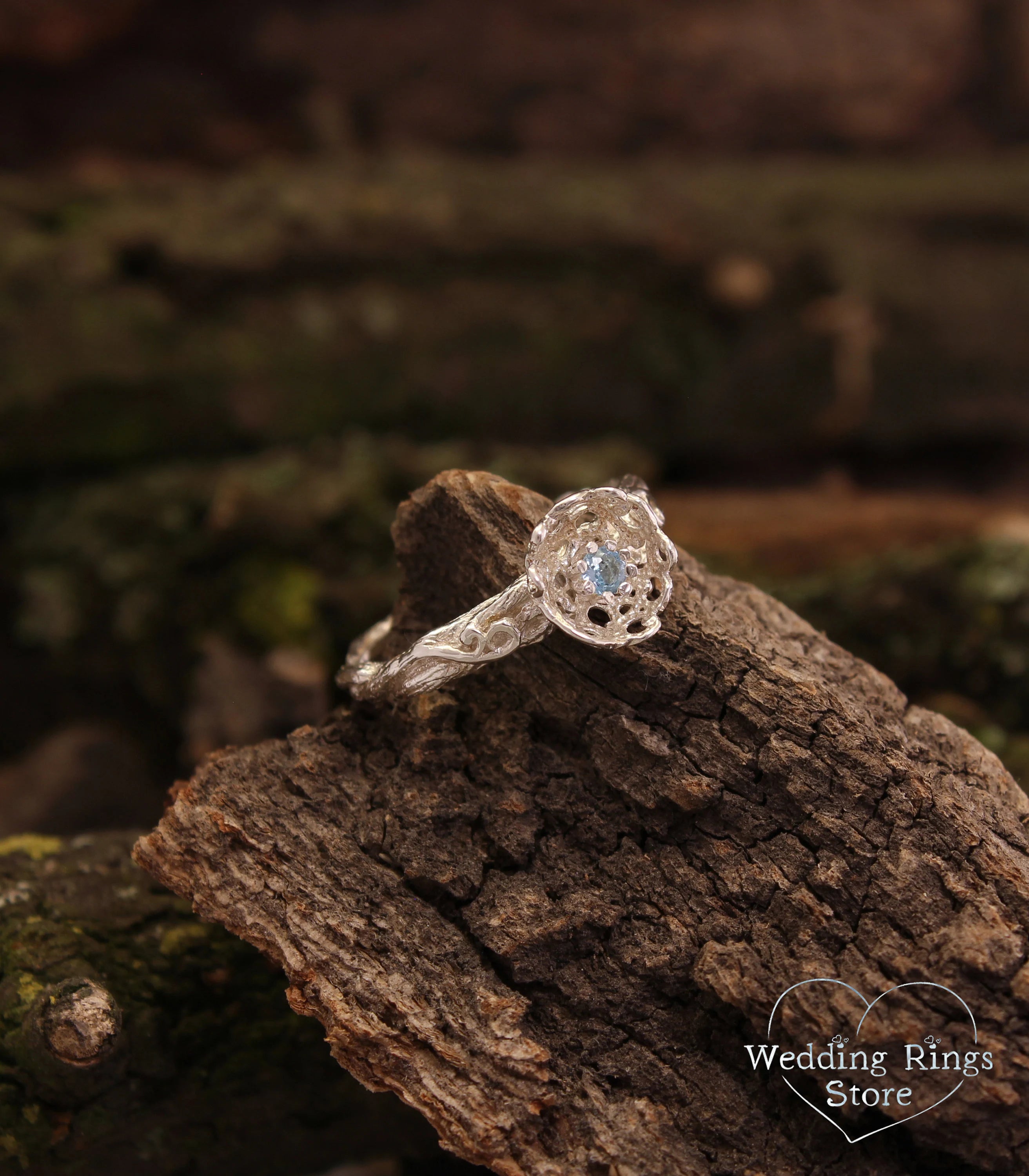 Unique Handmade Silver Floral Ring with dainty Swiss Topaz