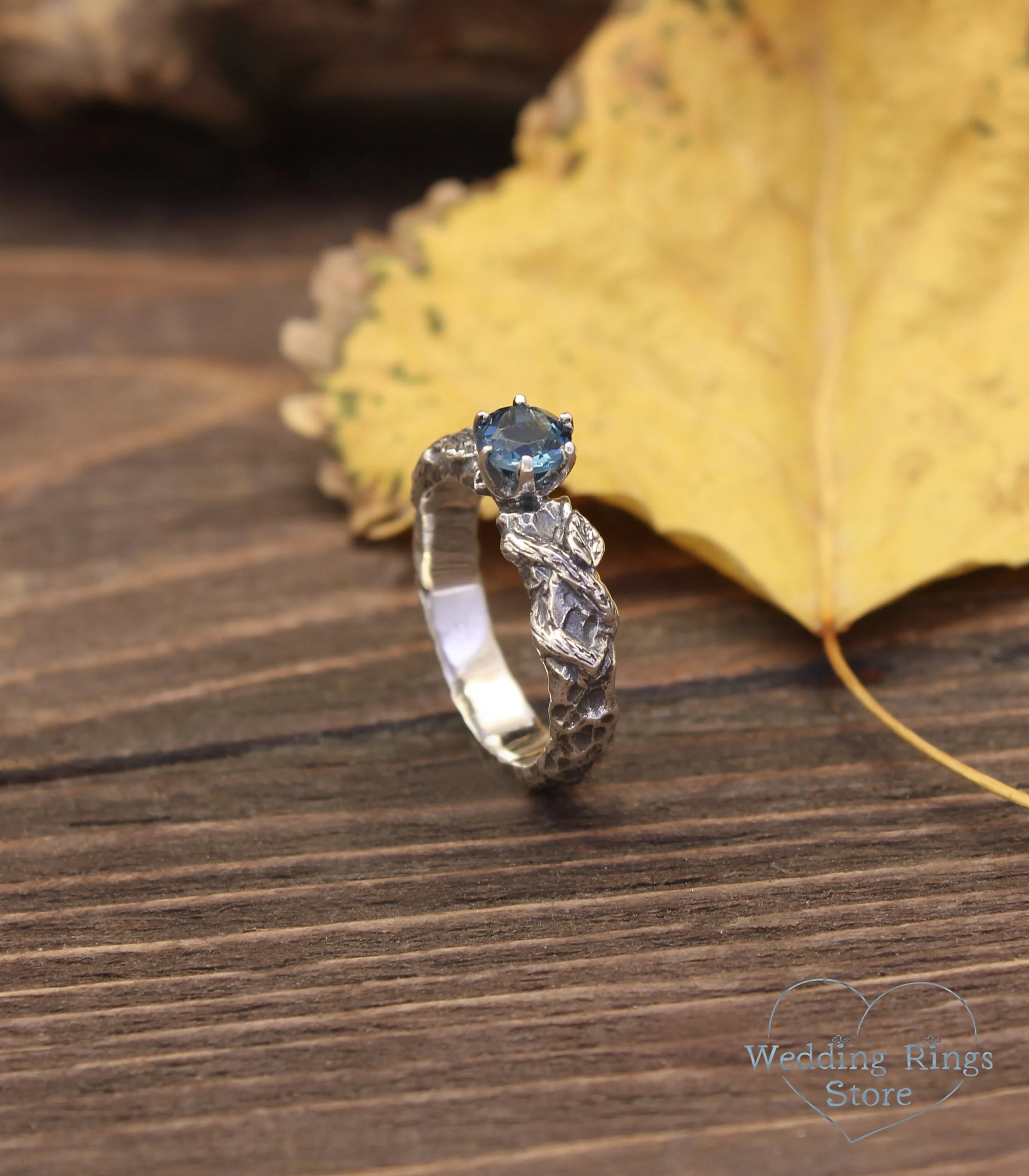 London blue Topaz in Handmade Silver Hammered Engagement Ring