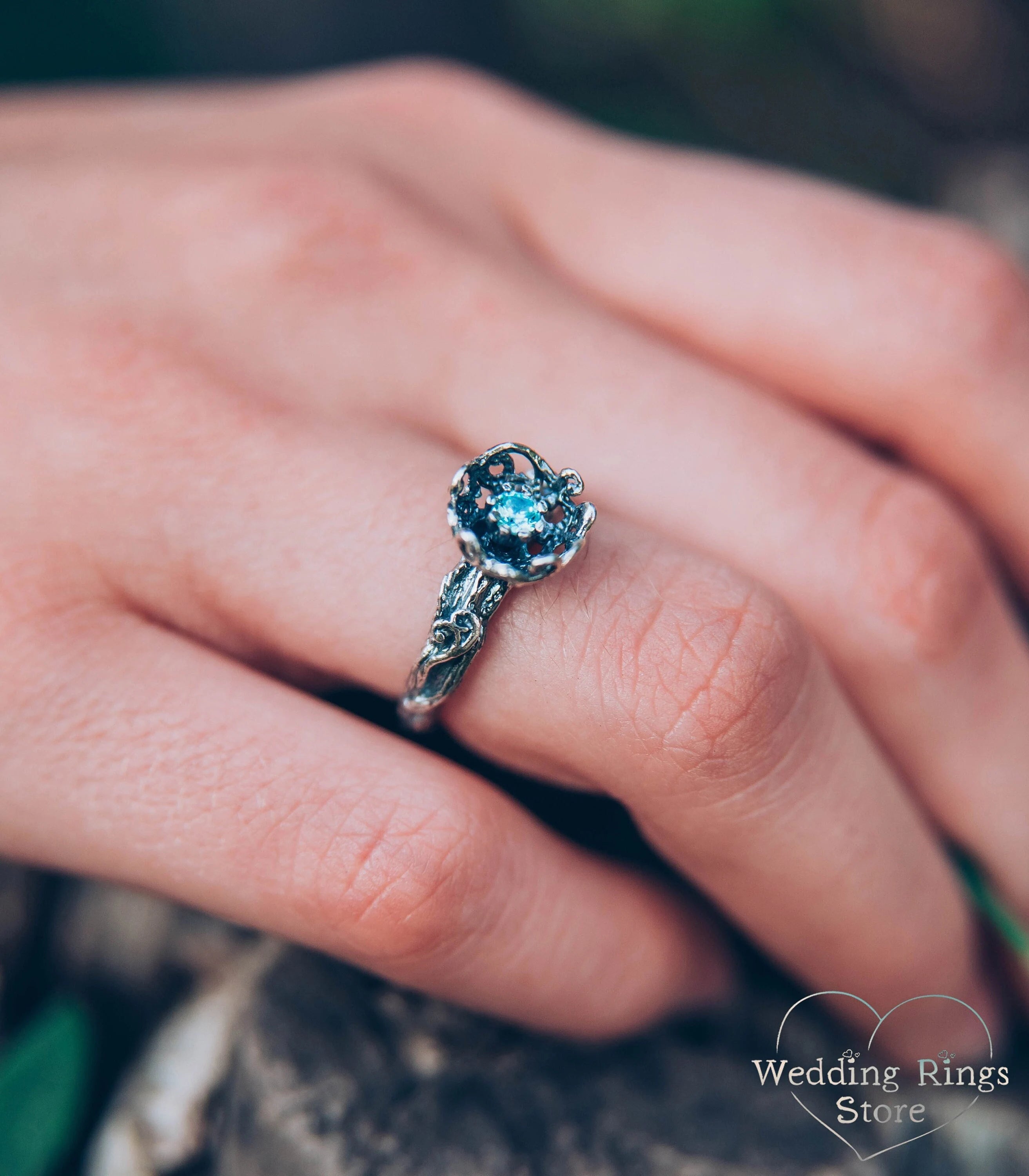 Unique Handmade Silver Floral Ring with dainty Swiss Topaz