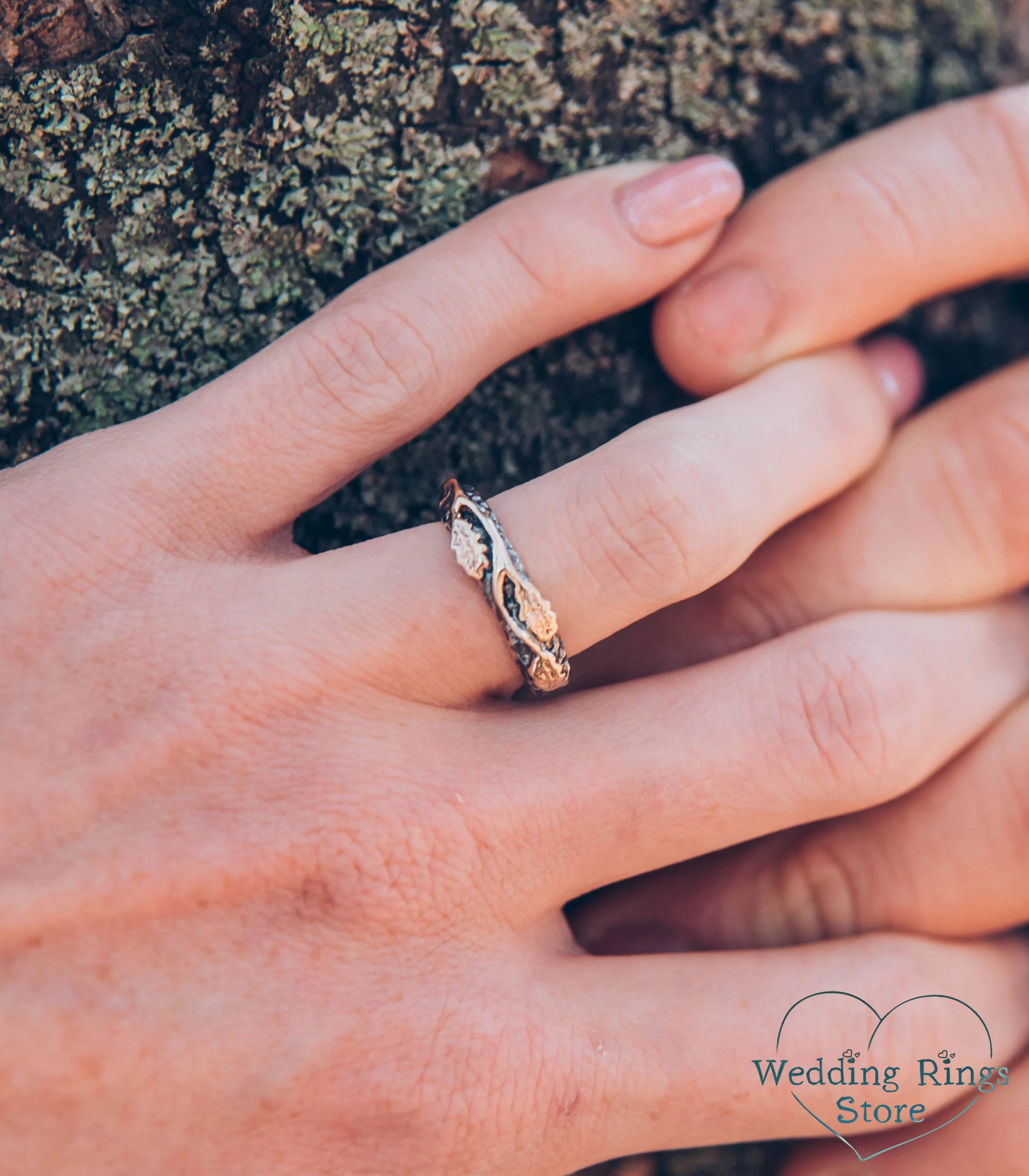 Golden Oak Leaves Silver matching Wedding Bands Set