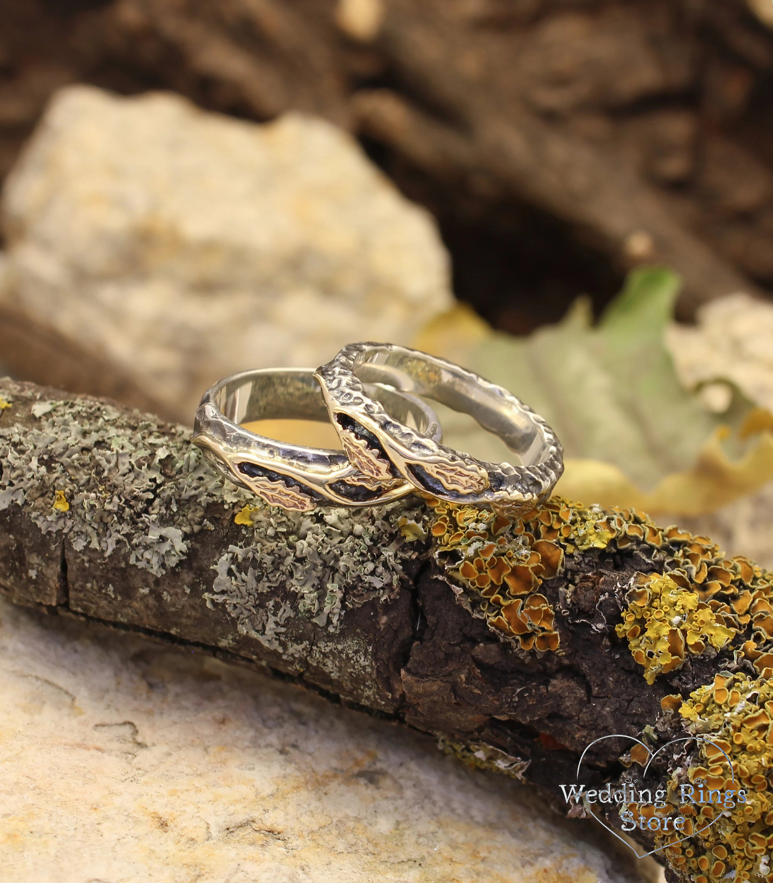 Golden Oak Leaves Silver matching Wedding Bands Set