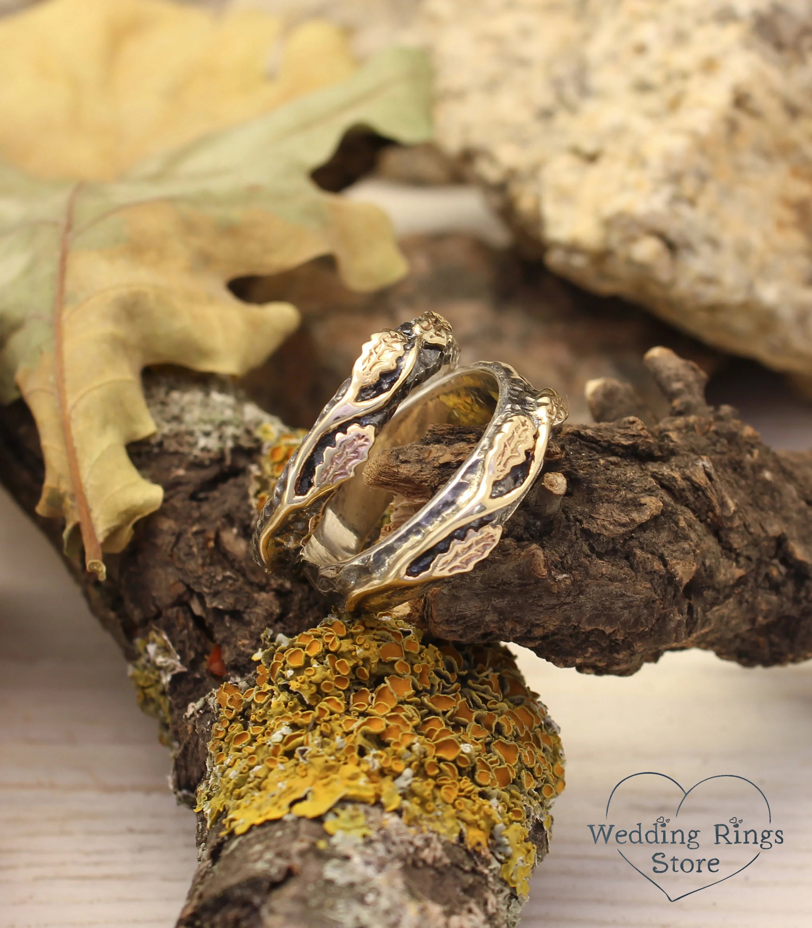 Golden Oak Leaves Silver matching Wedding Bands Set