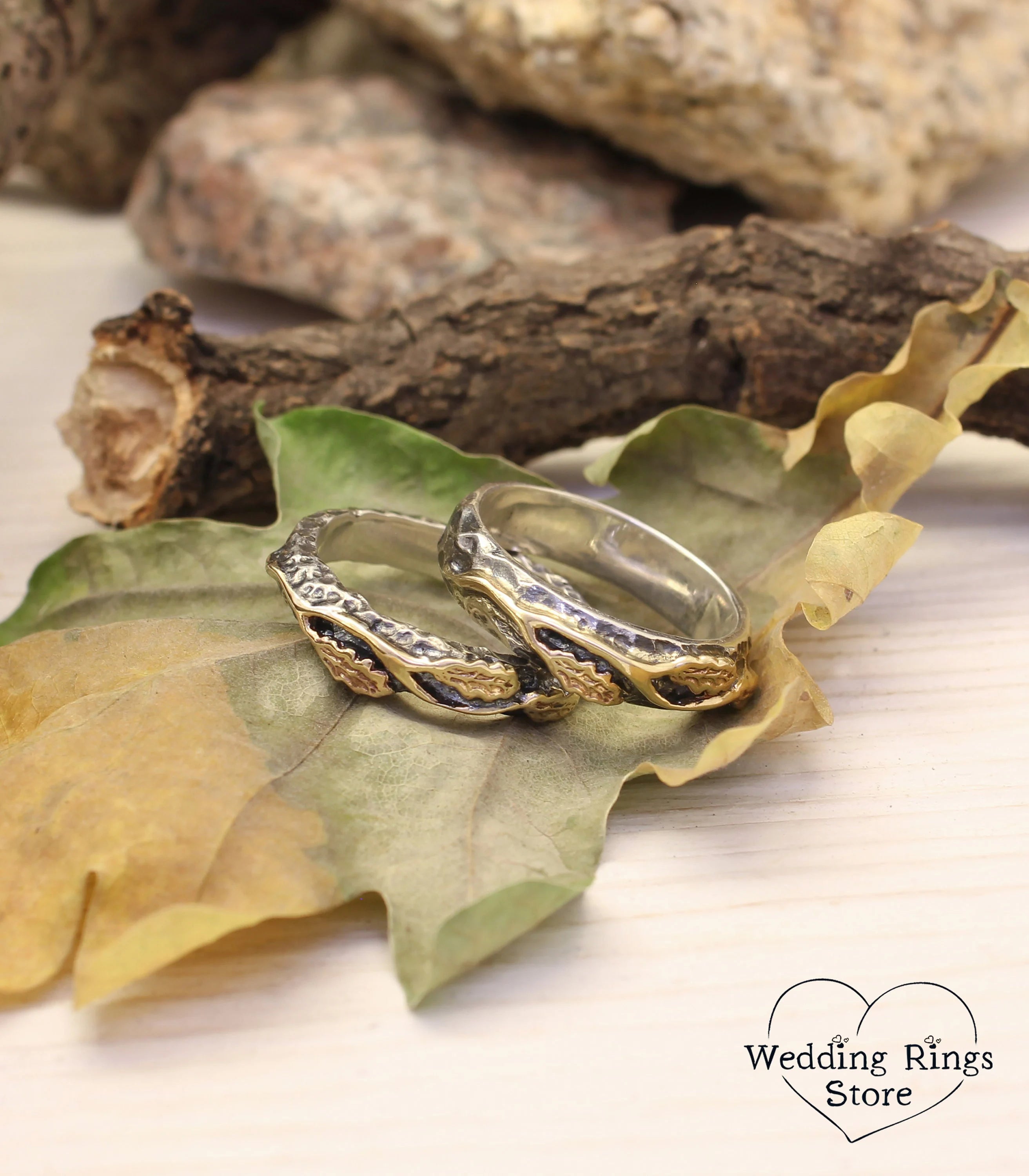 Golden Oak Leaves Silver matching Wedding Bands Set