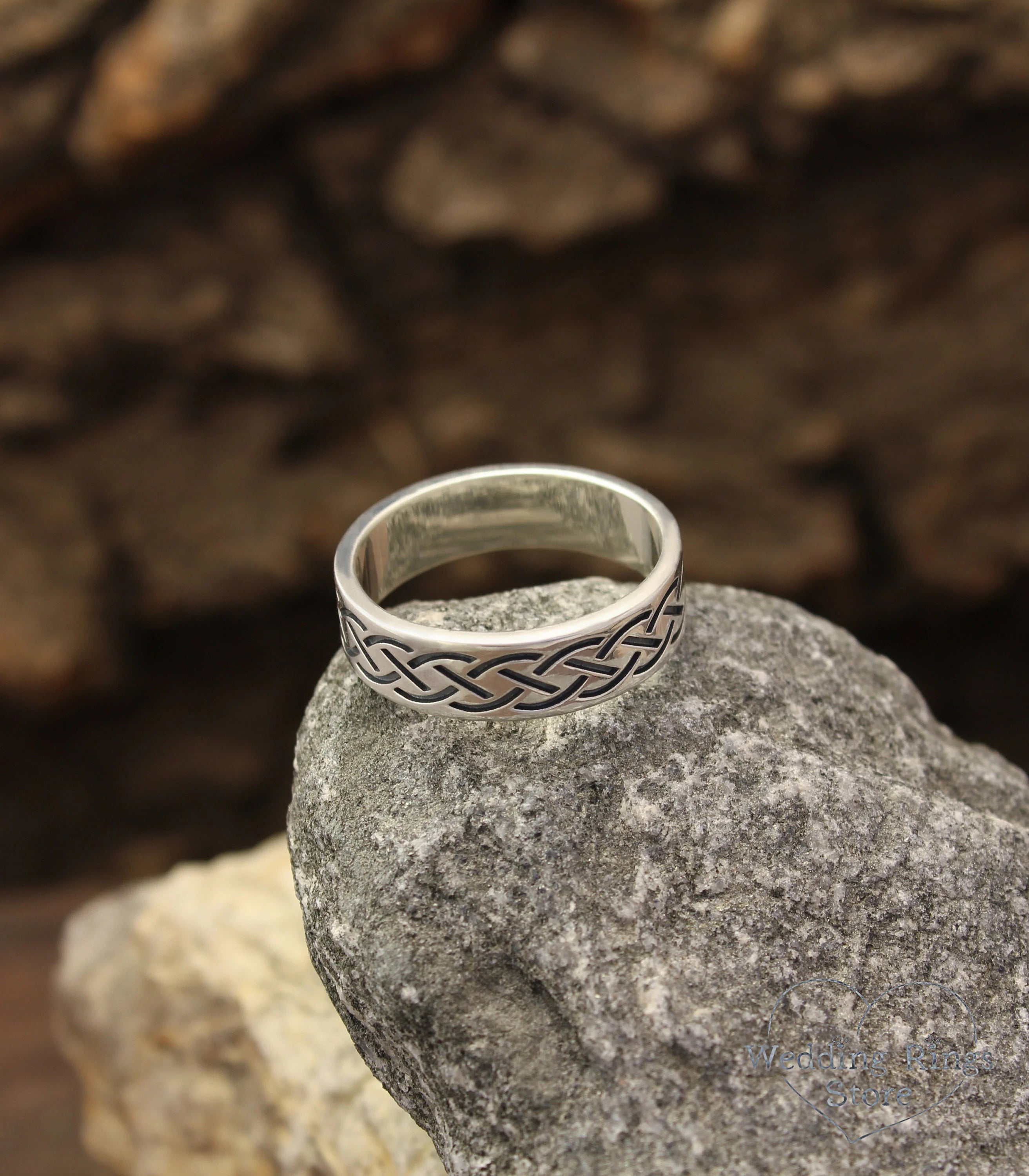 Mens Silver Engraved pattern Celtic Wedding Band