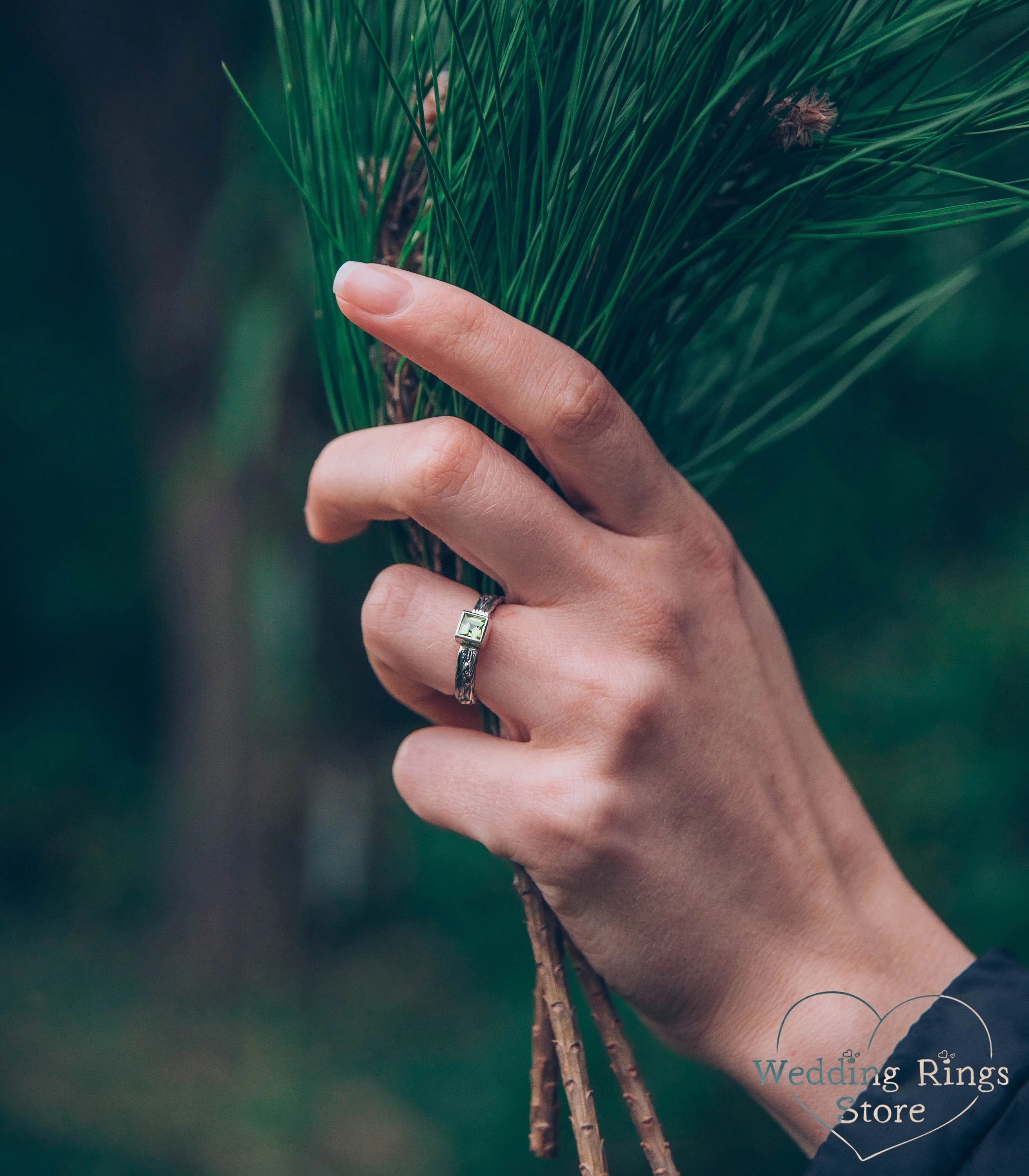 Silver Tree & Square Peridot Engagement Ring