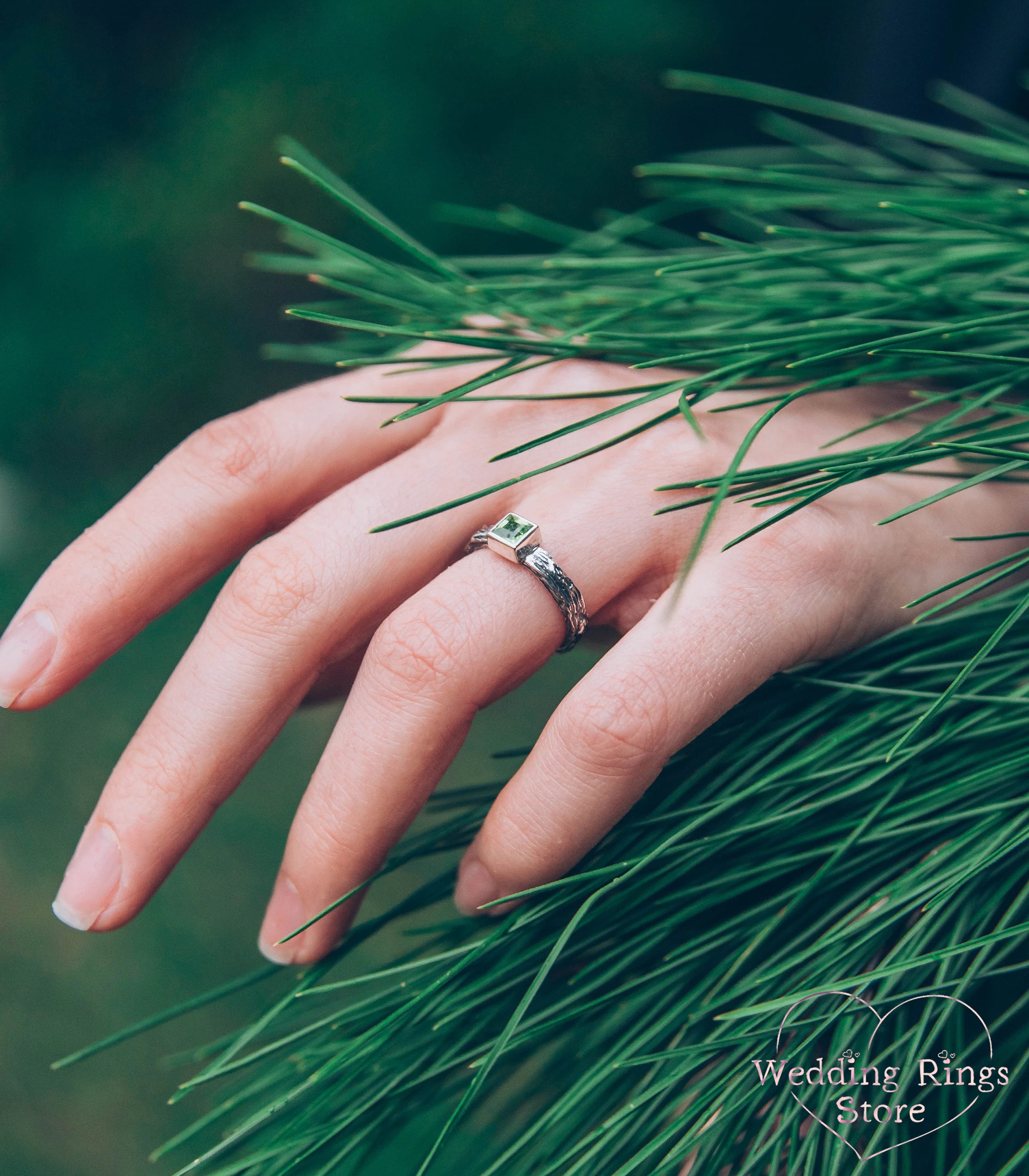 Silver Tree & Square Peridot Engagement Ring