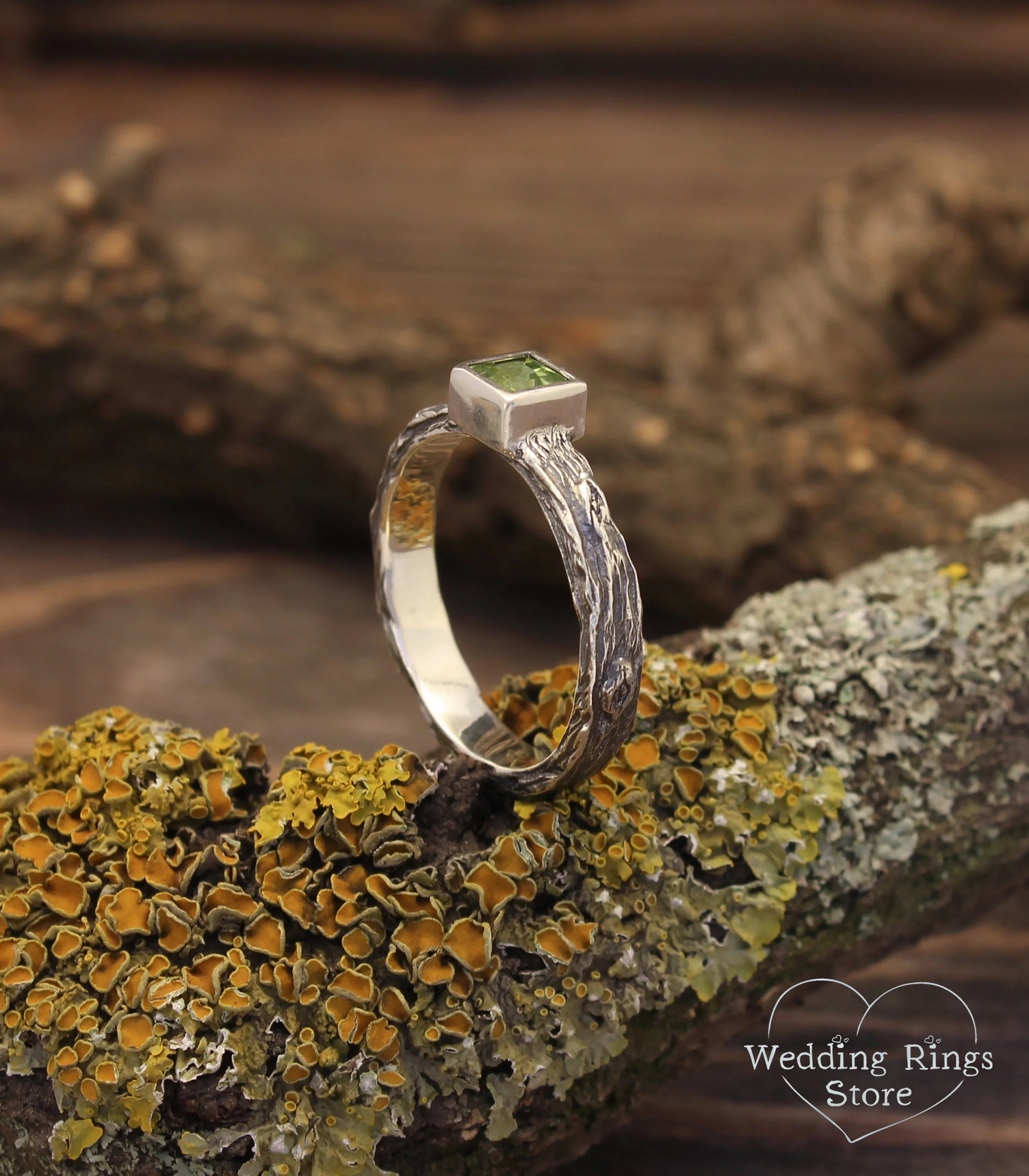 Silver Tree & Square Peridot Engagement Ring