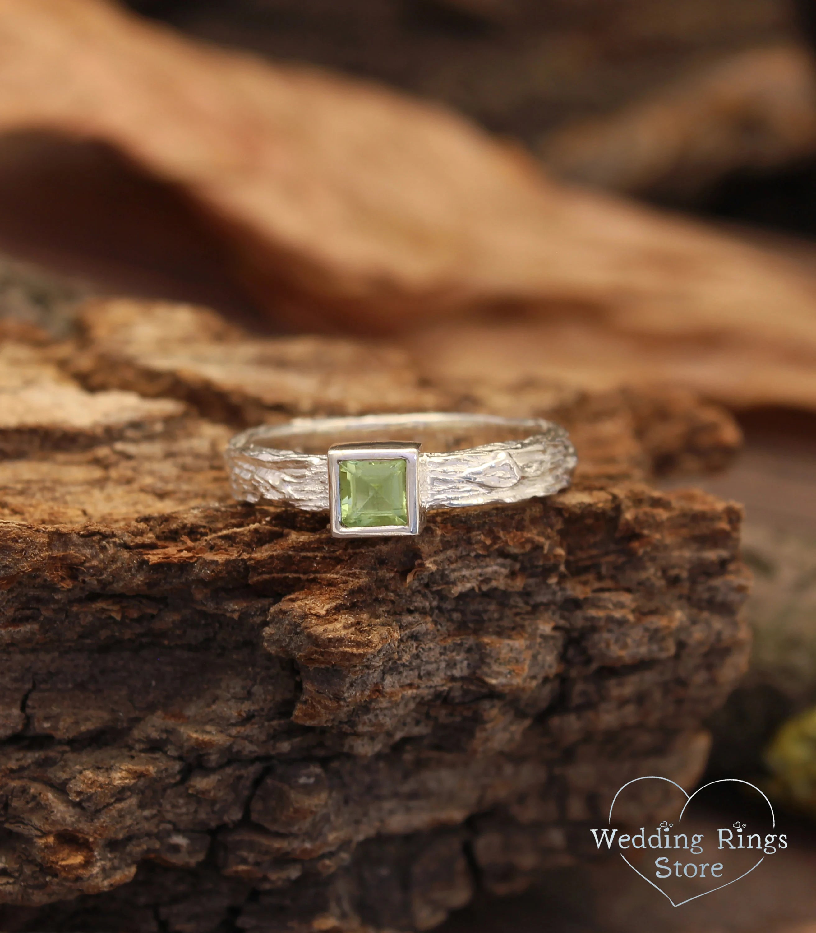 Silver Tree & Square Peridot Engagement Ring