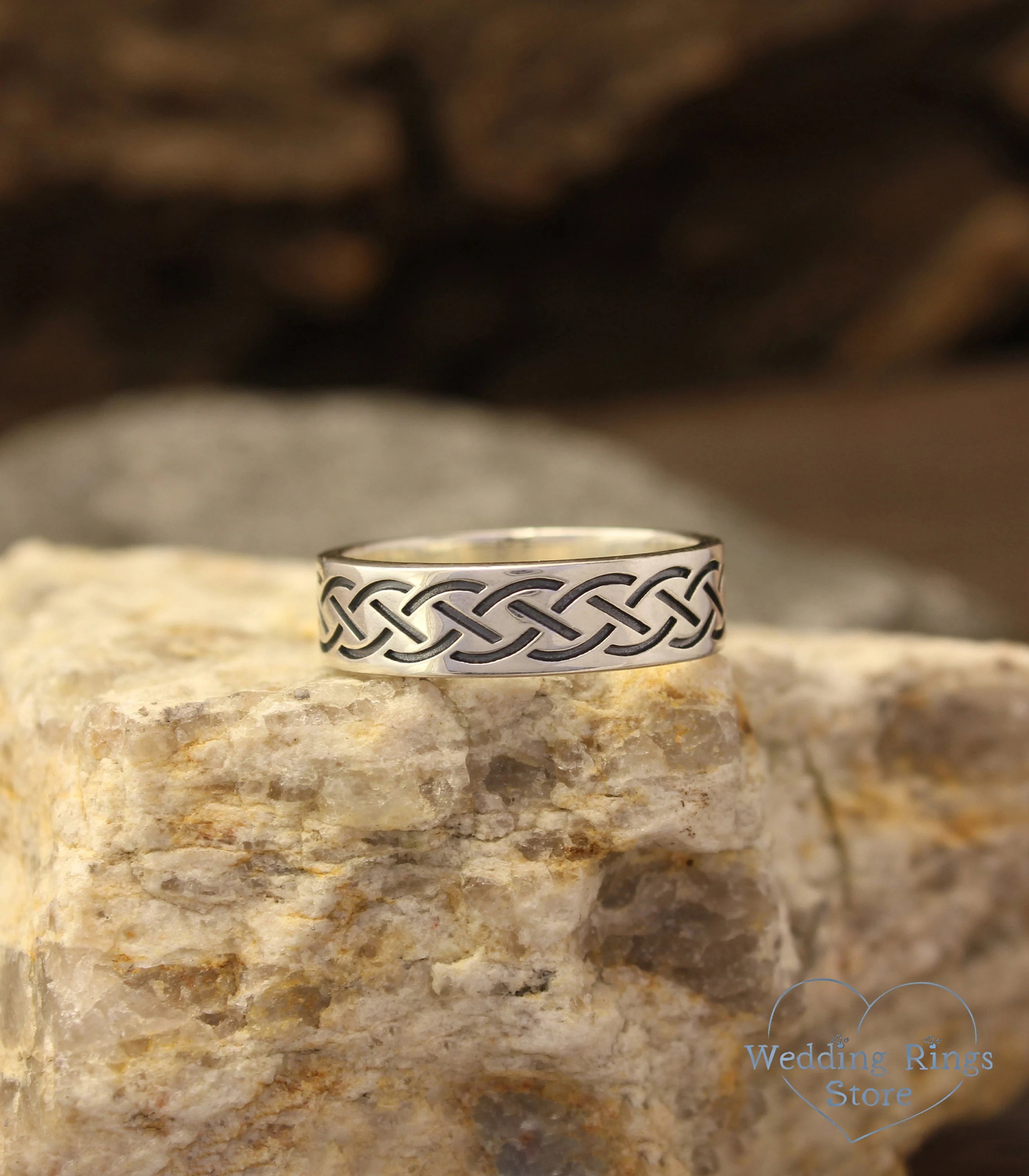 Mens Silver Engraved pattern Celtic Wedding Band