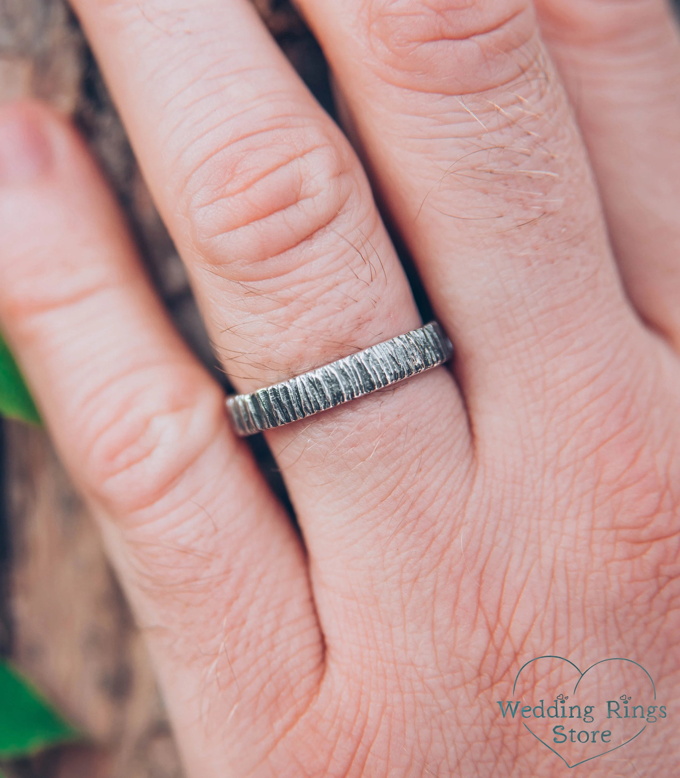 Simple Minimalist Tree bark Wedding Ring for Him & Her in Silver