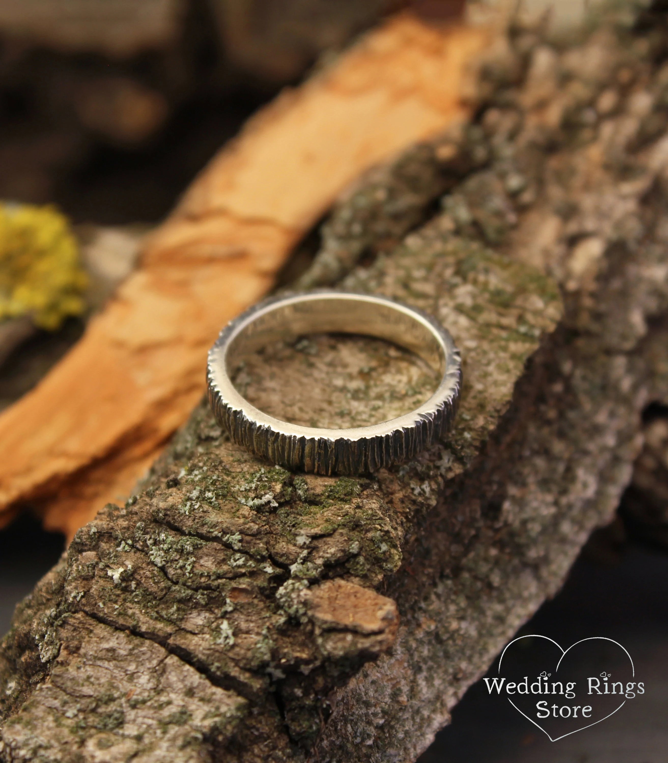 Simple Minimalist Tree bark Wedding Ring for Him & Her in Silver