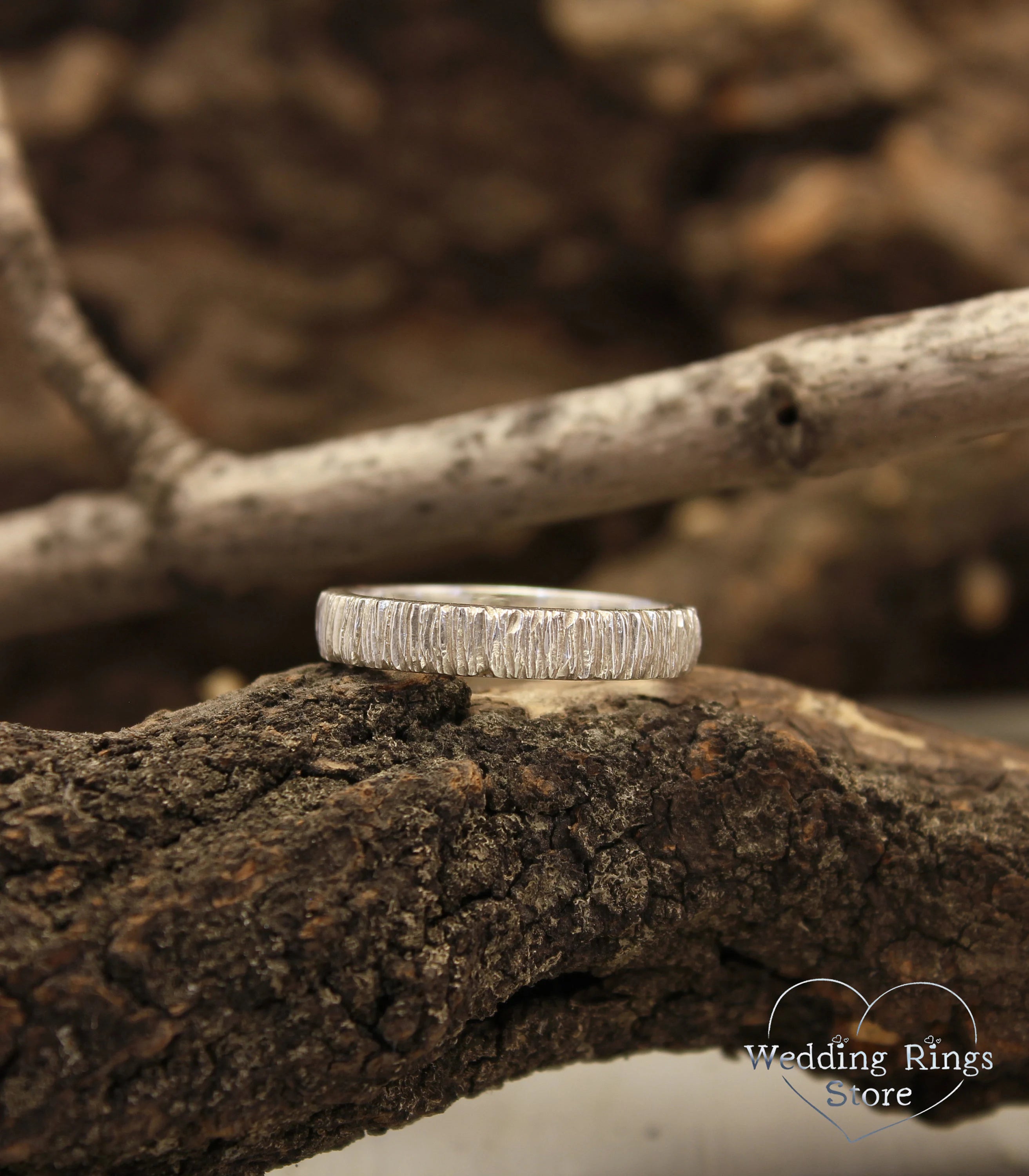 Simple Minimalist Tree bark Wedding Ring for Him & Her in Silver