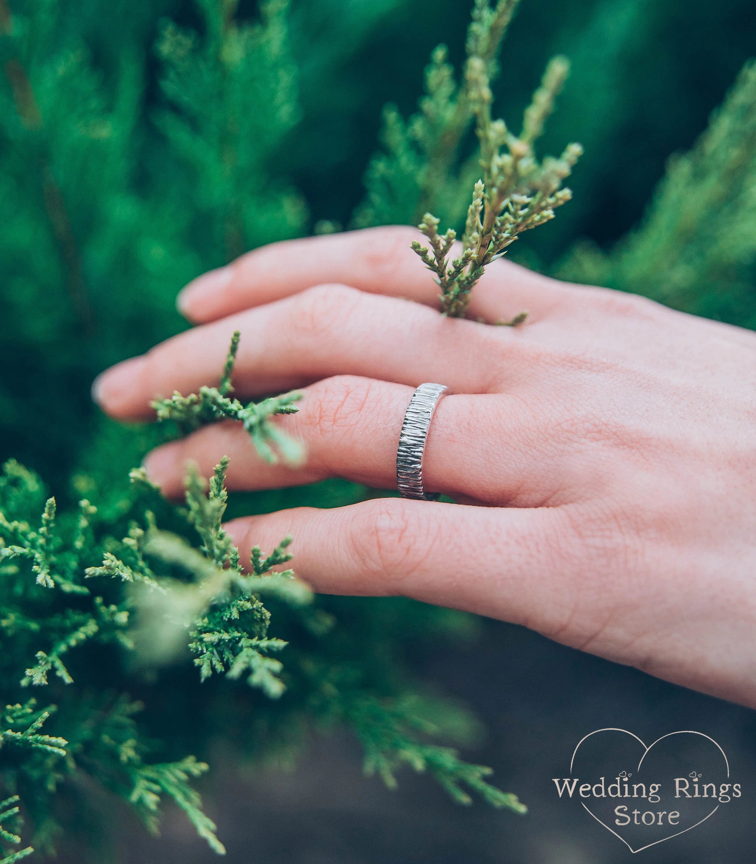 Simple Minimalist Tree bark Wedding Ring for Him & Her in Silver