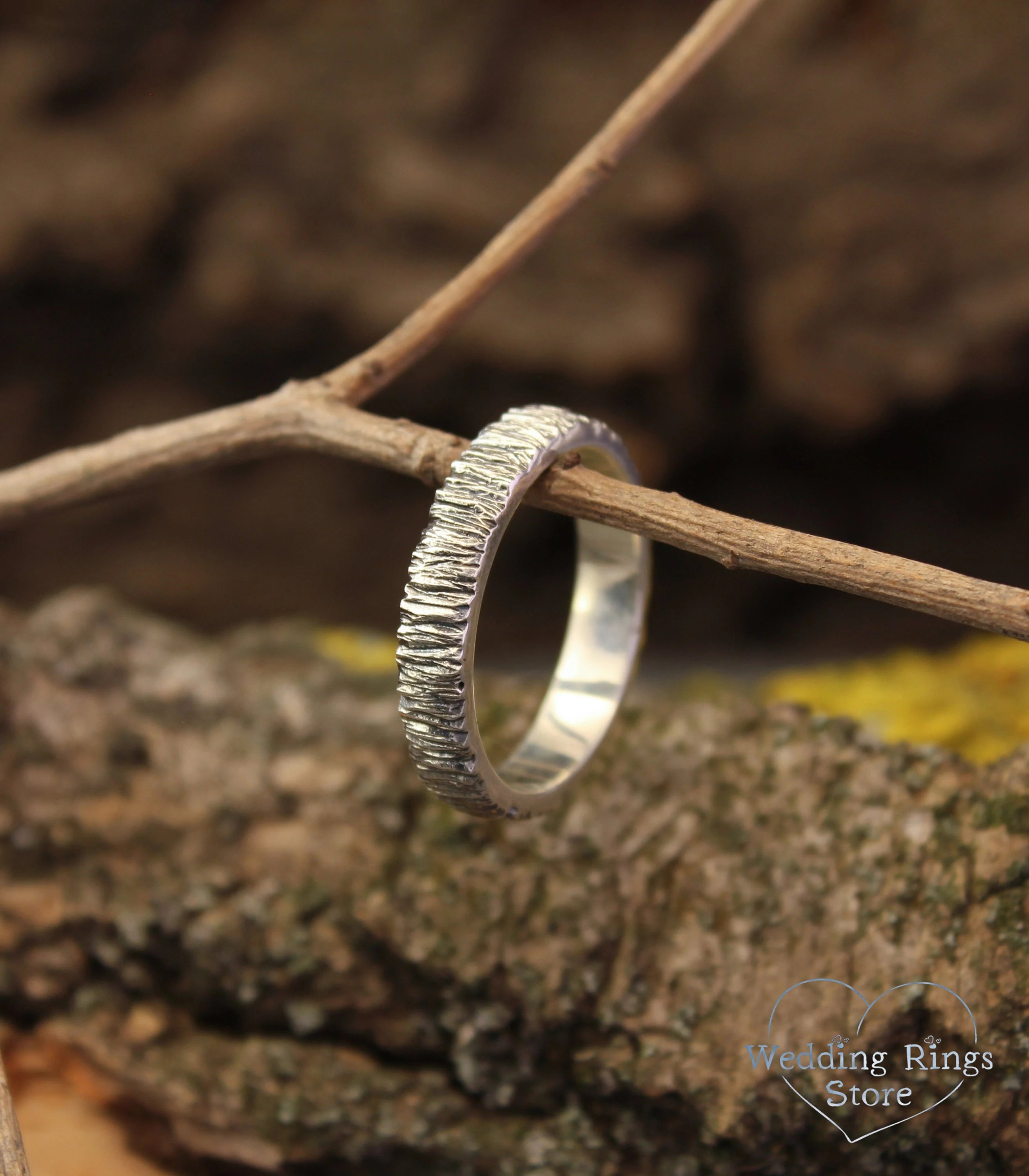 Simple Minimalist Tree bark Wedding Ring for Him & Her in Silver