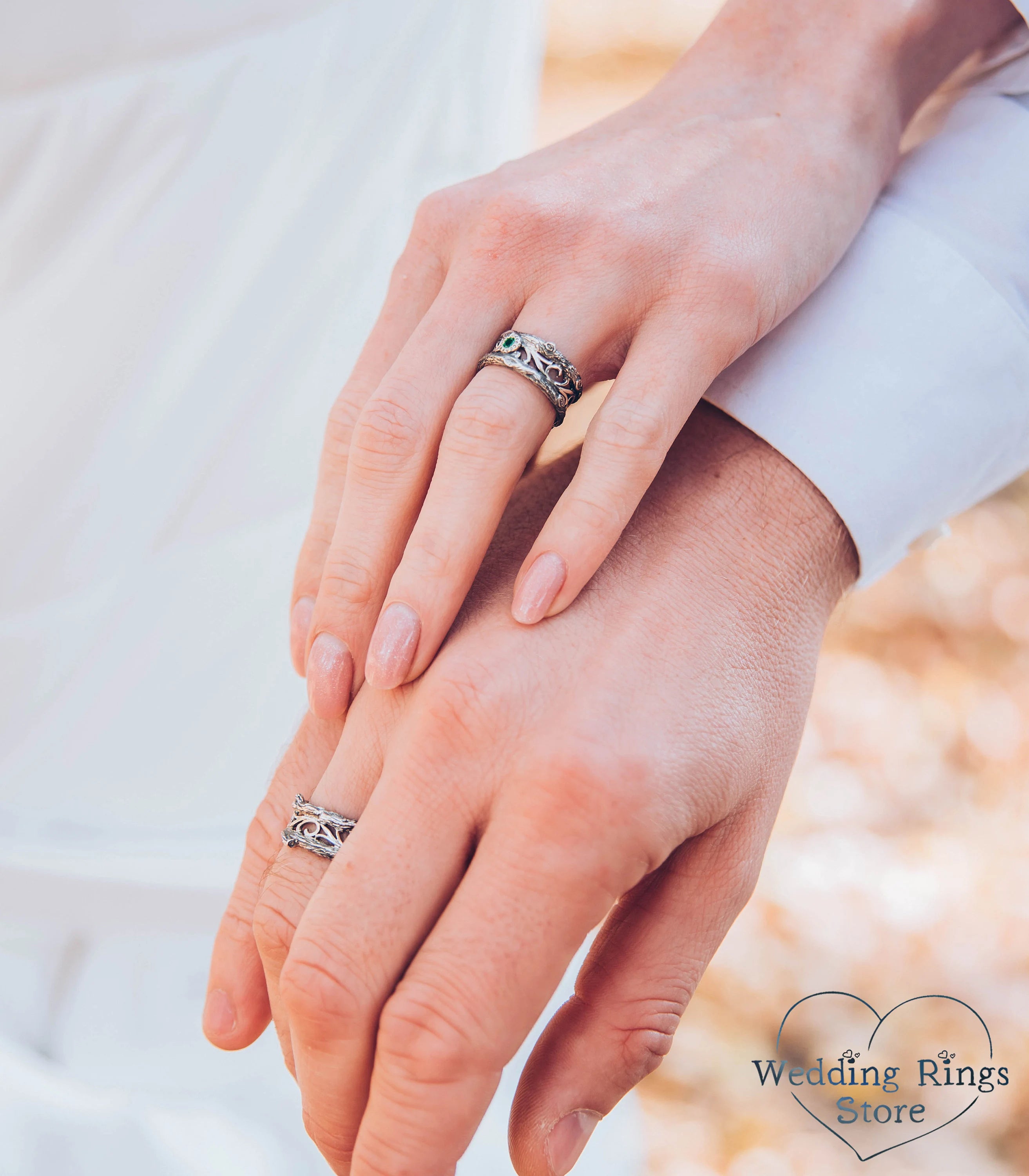 Tree Branch Silver Matching Rings with Emerald inspired by Nature