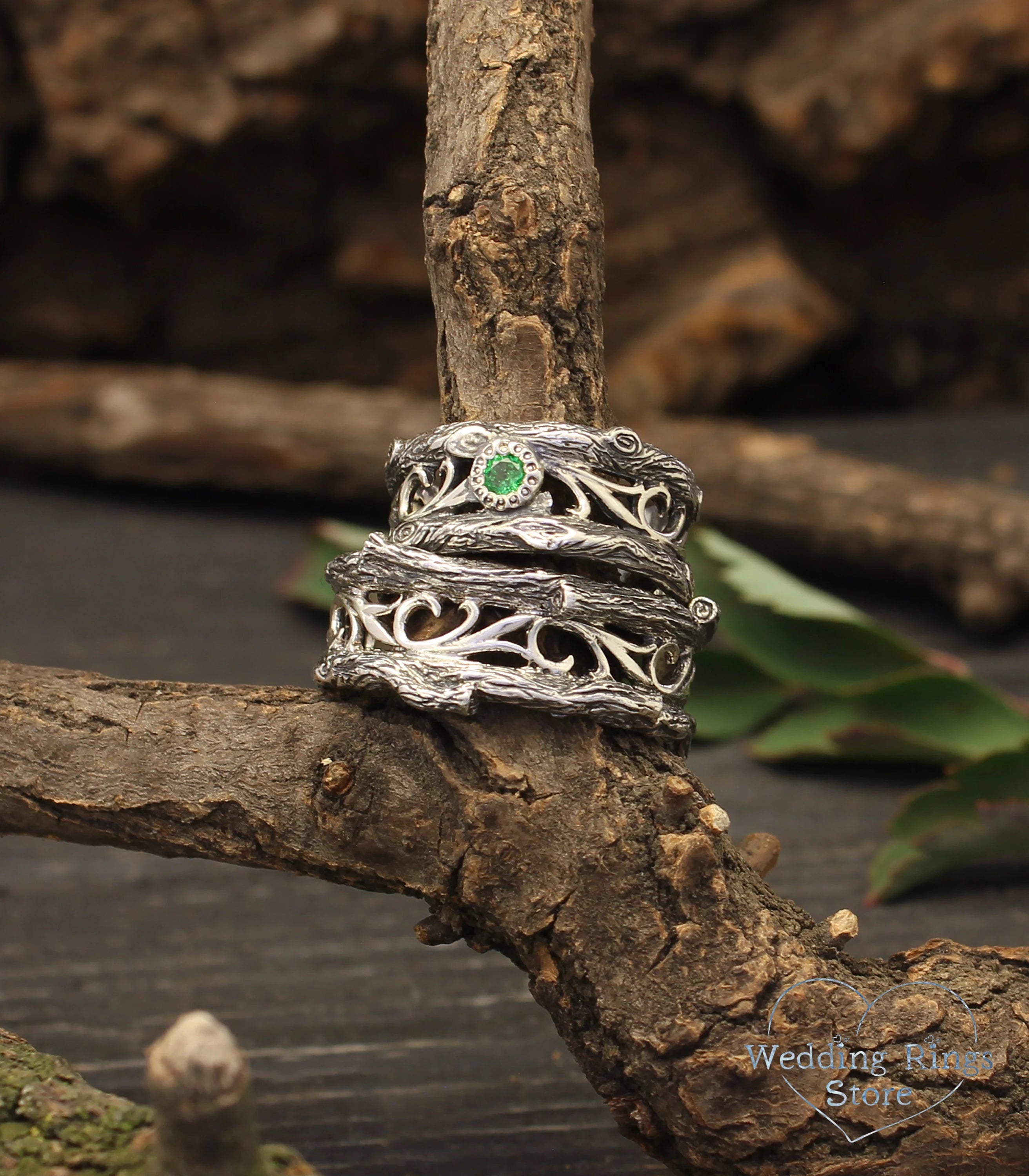 Tree Branch Silver Matching Rings with Emerald inspired by Nature