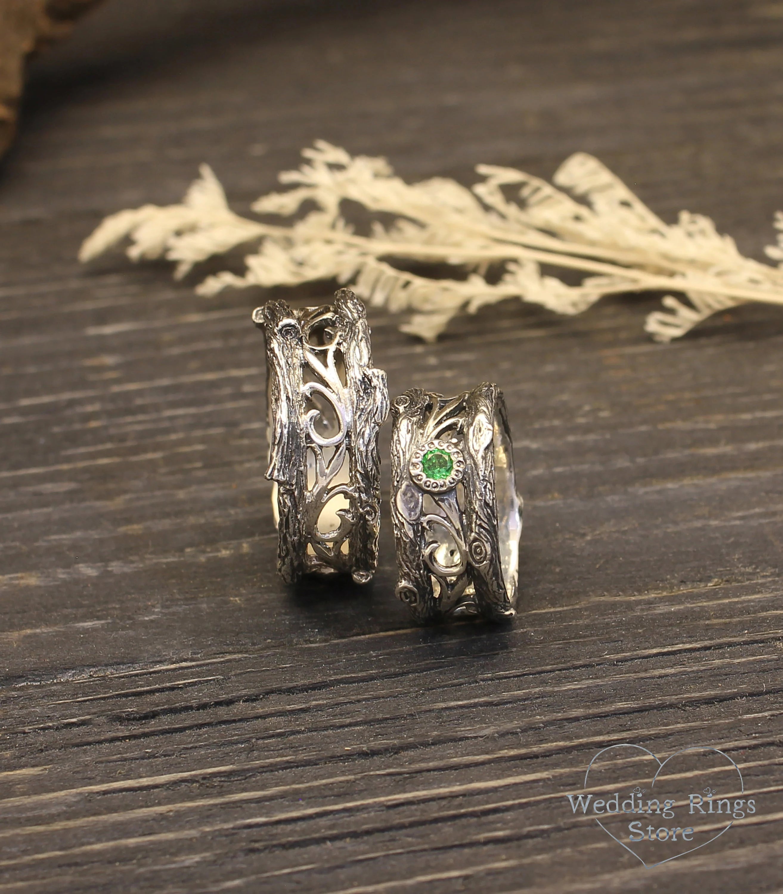 Tree Branch Silver Matching Rings with Emerald inspired by Nature