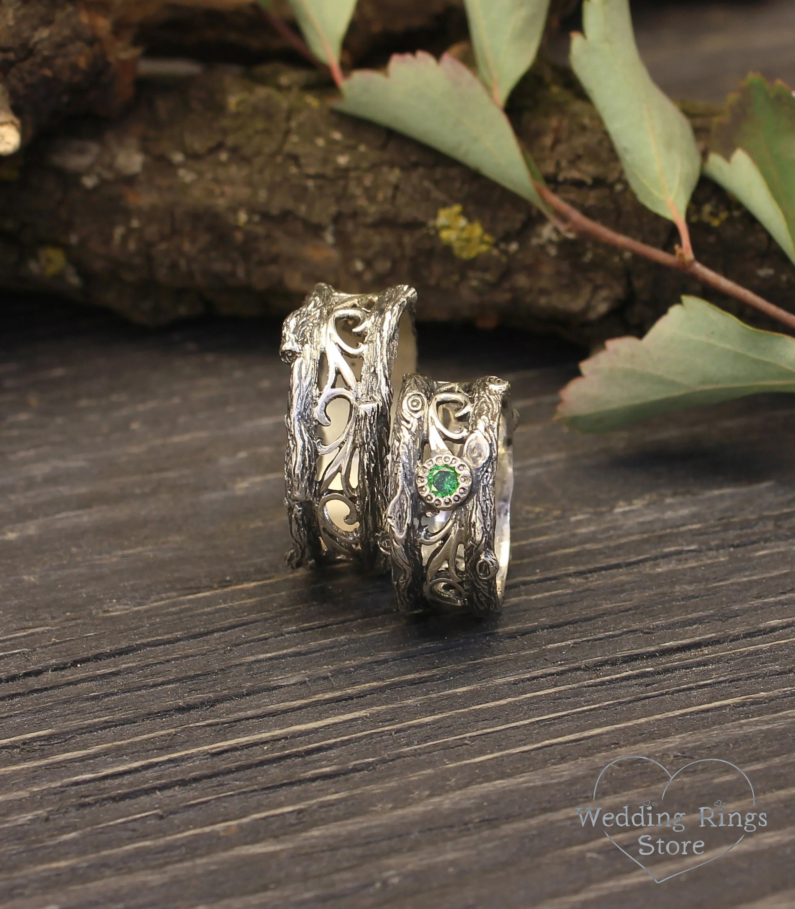 Tree Branch Silver Matching Rings with Emerald inspired by Nature