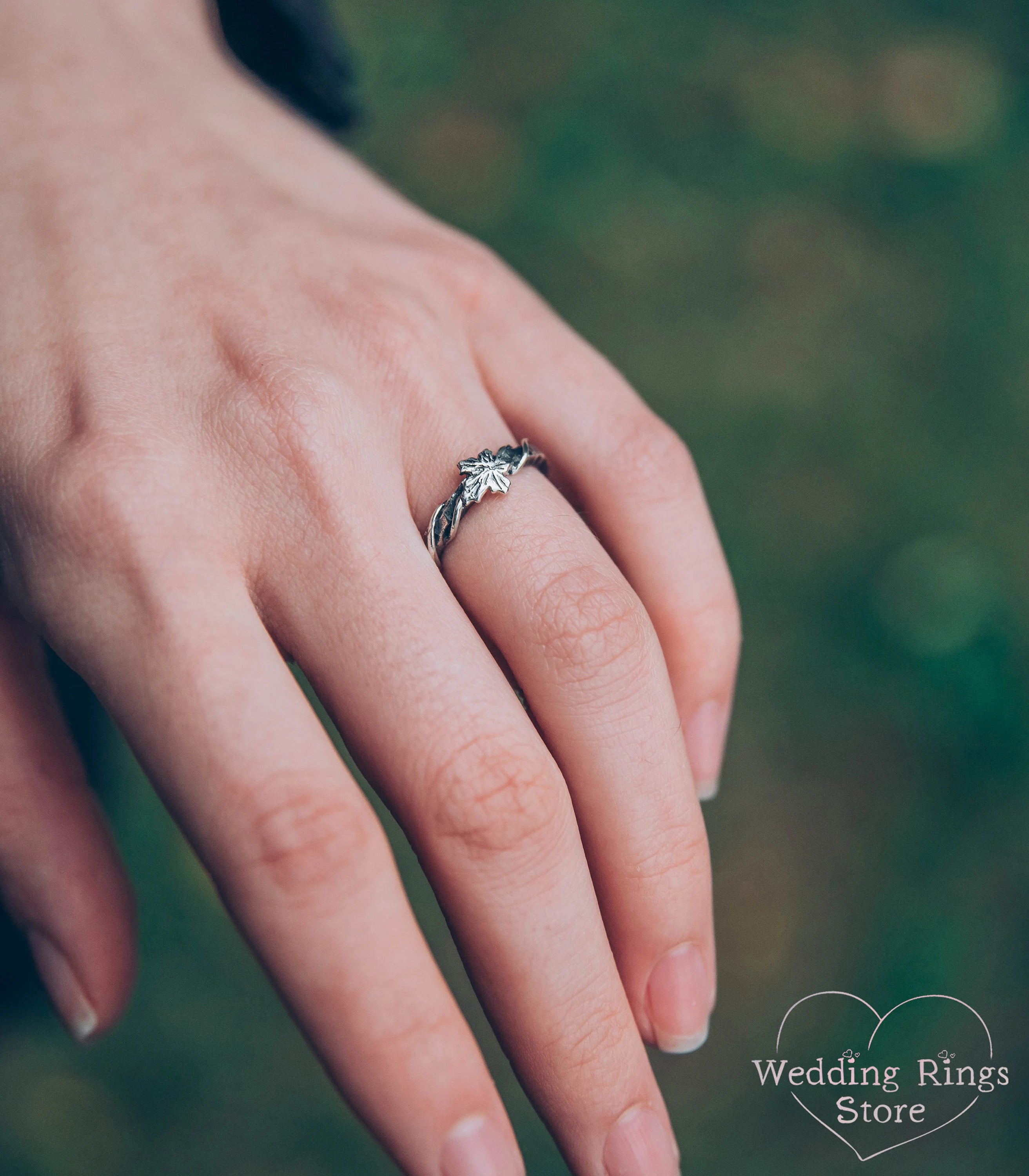 Silver Hammered Wedding Ring with Maple Leaf