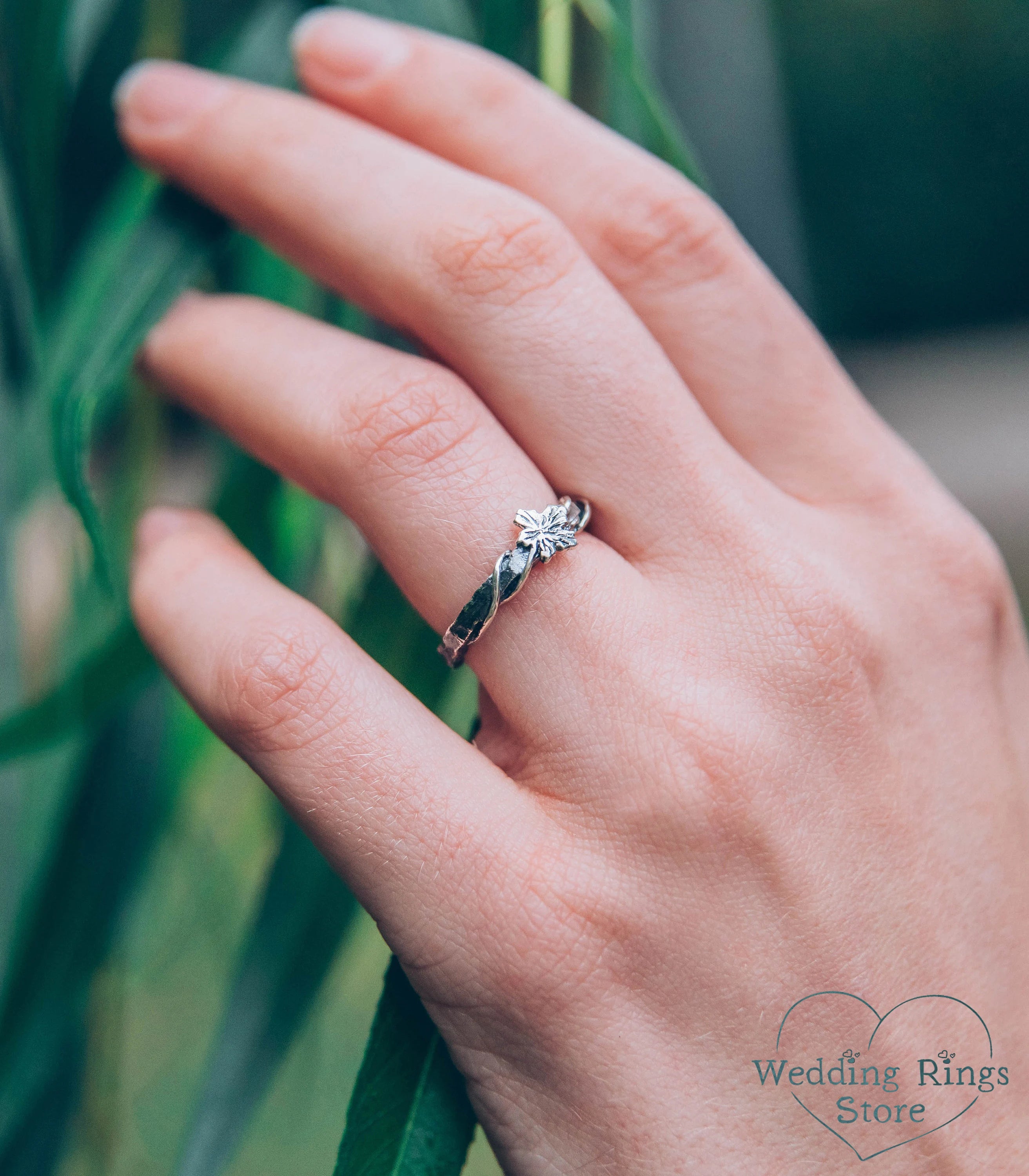 Silver Hammered Wedding Ring with Maple Leaf