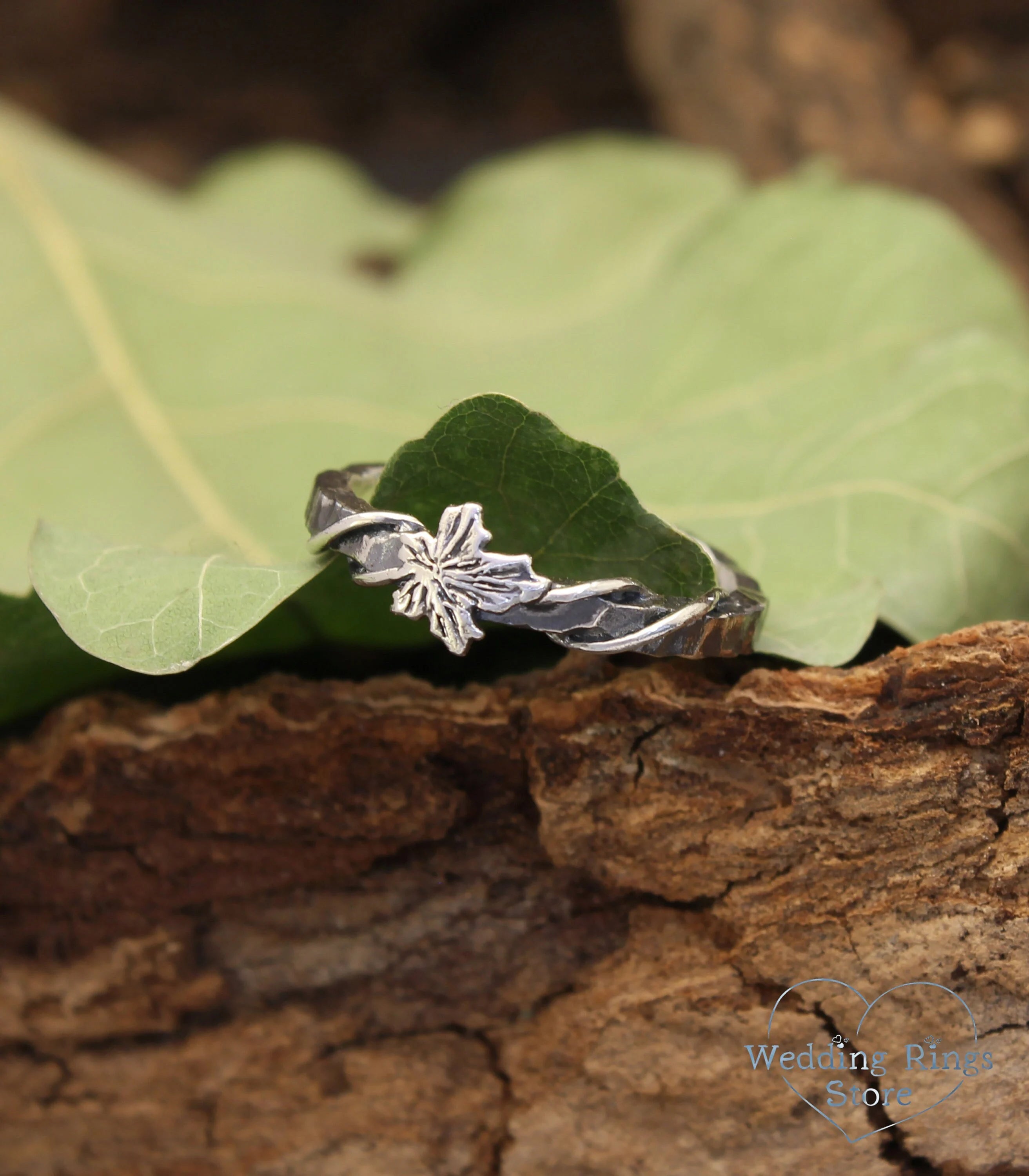 Silver Hammered Wedding Ring with Maple Leaf