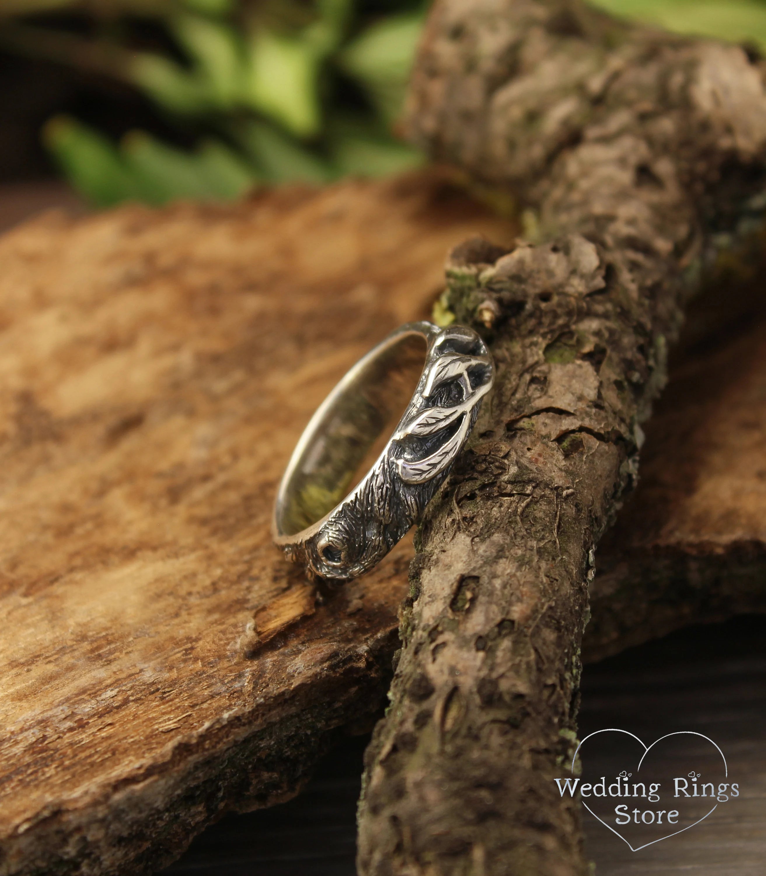 Silver Twig with Leaves Ring inspired by forest Nature