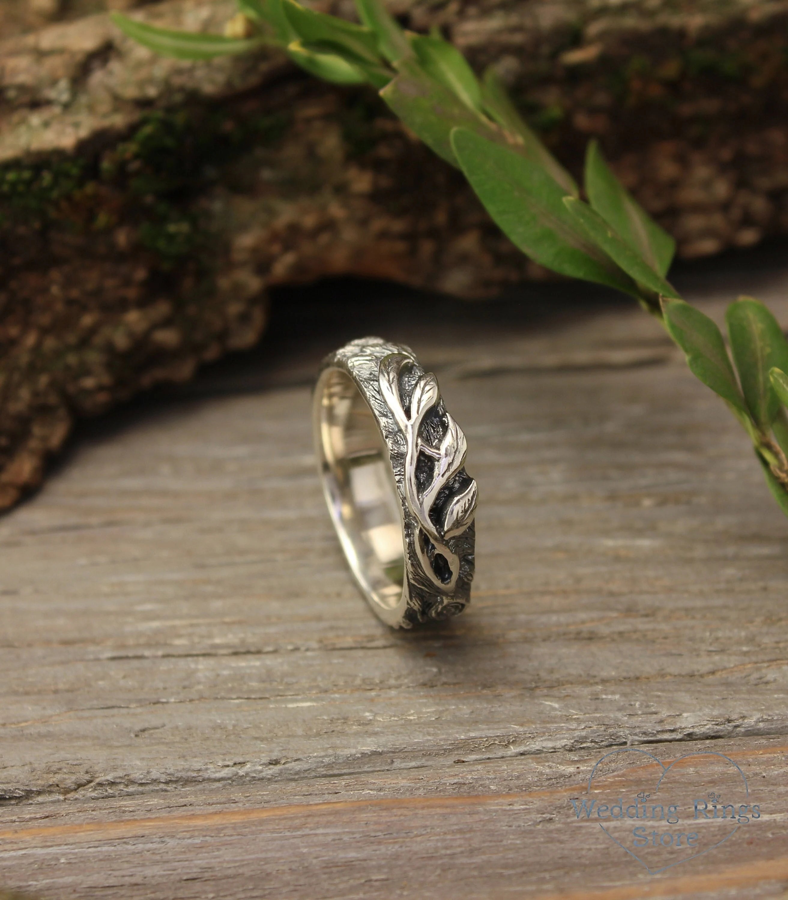 Silver Twig with Leaves Ring inspired by forest Nature