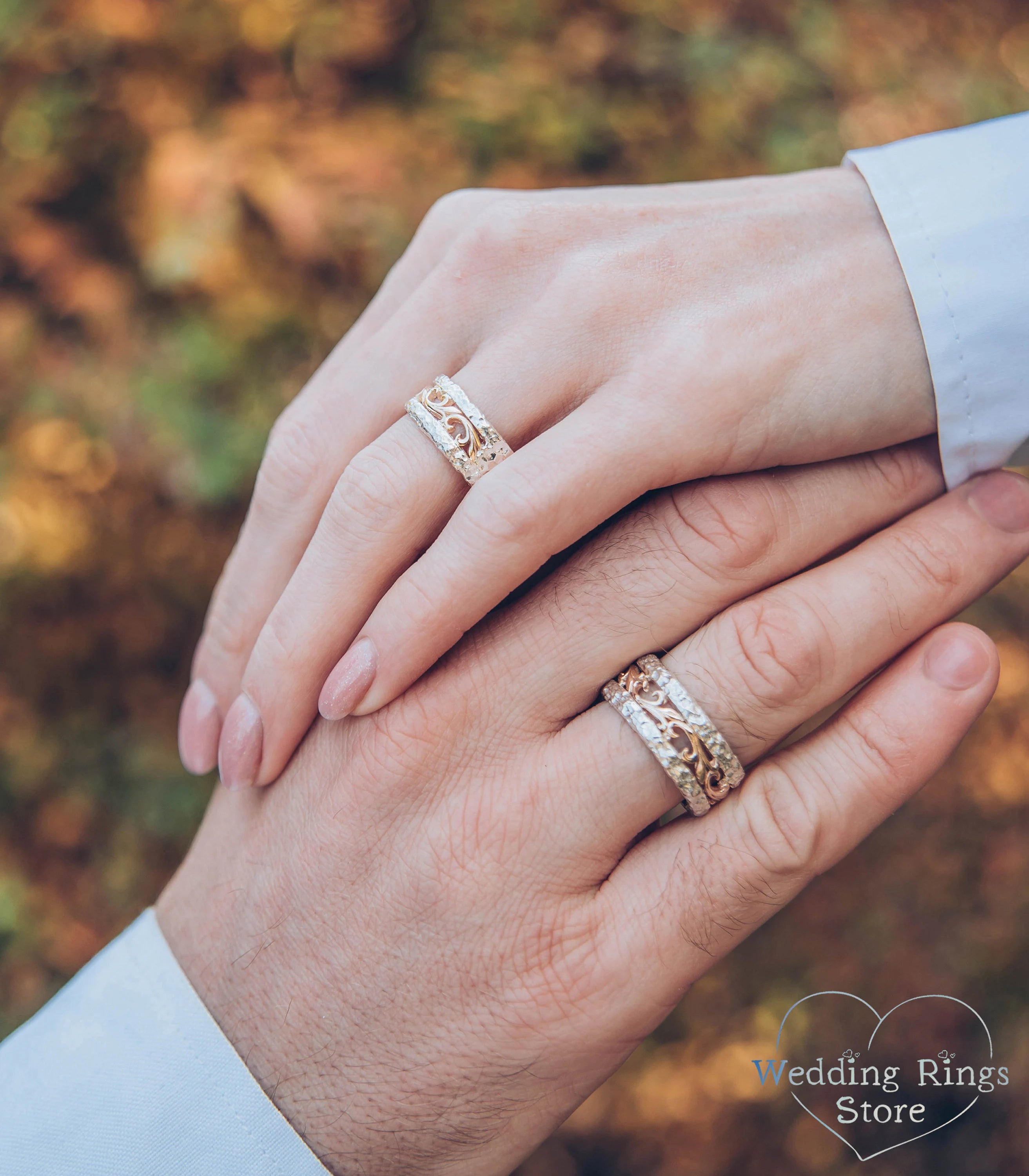 Mixed Metals Hammered and Vine matching Wedding Bands Set