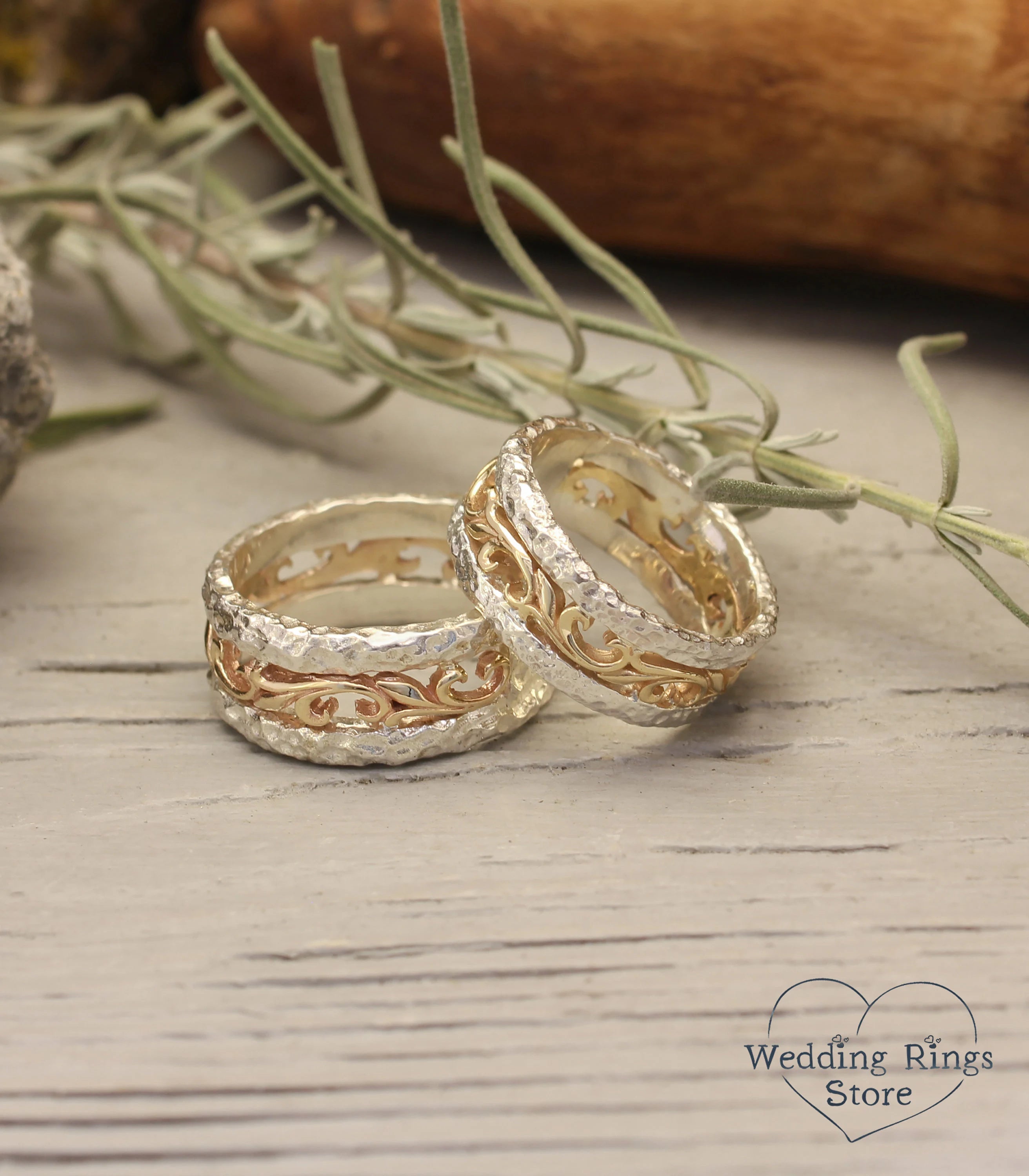 Mixed Metals Hammered and Vine matching Wedding Bands Set