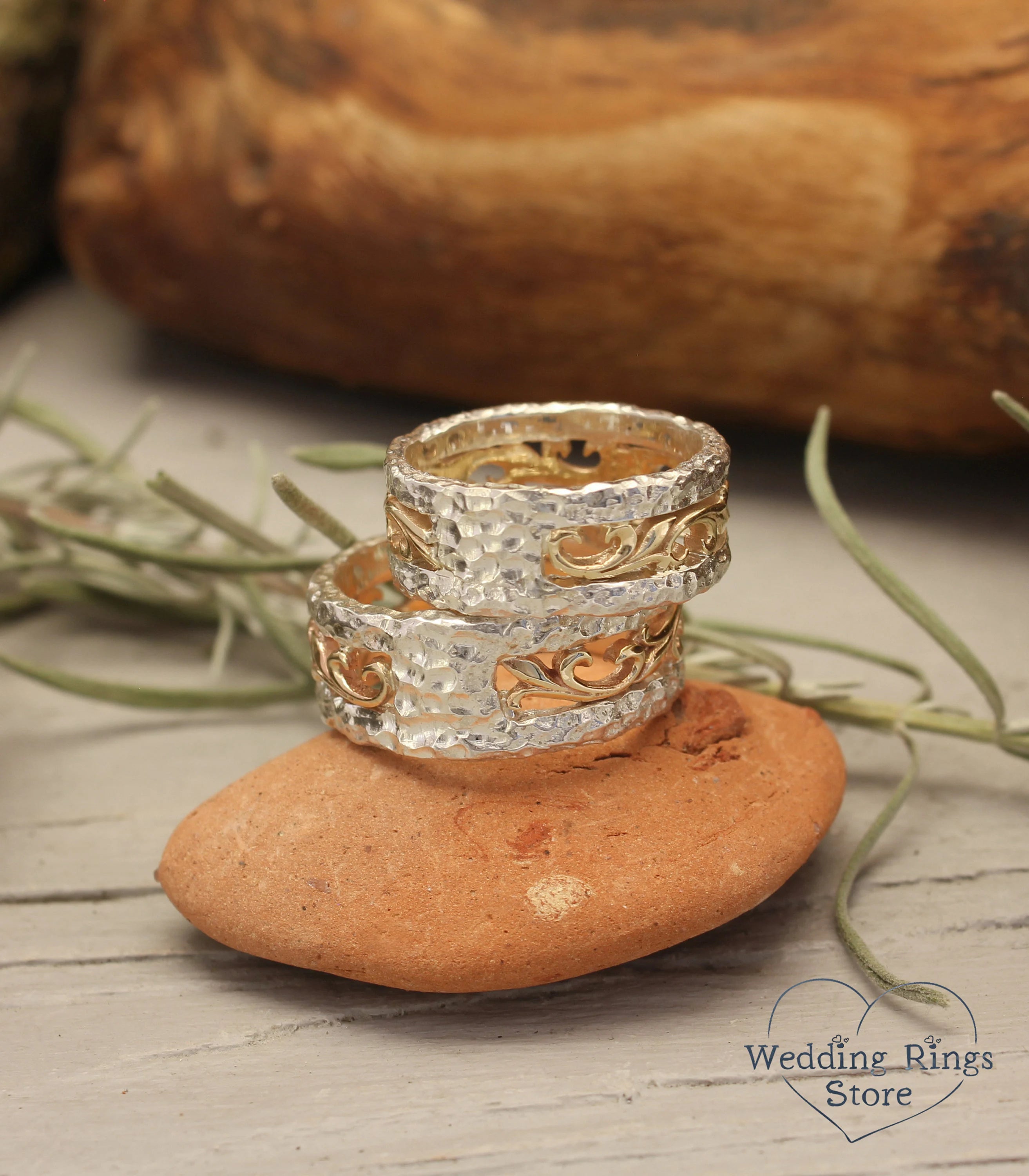 Mixed Metals Hammered and Vine matching Wedding Bands Set