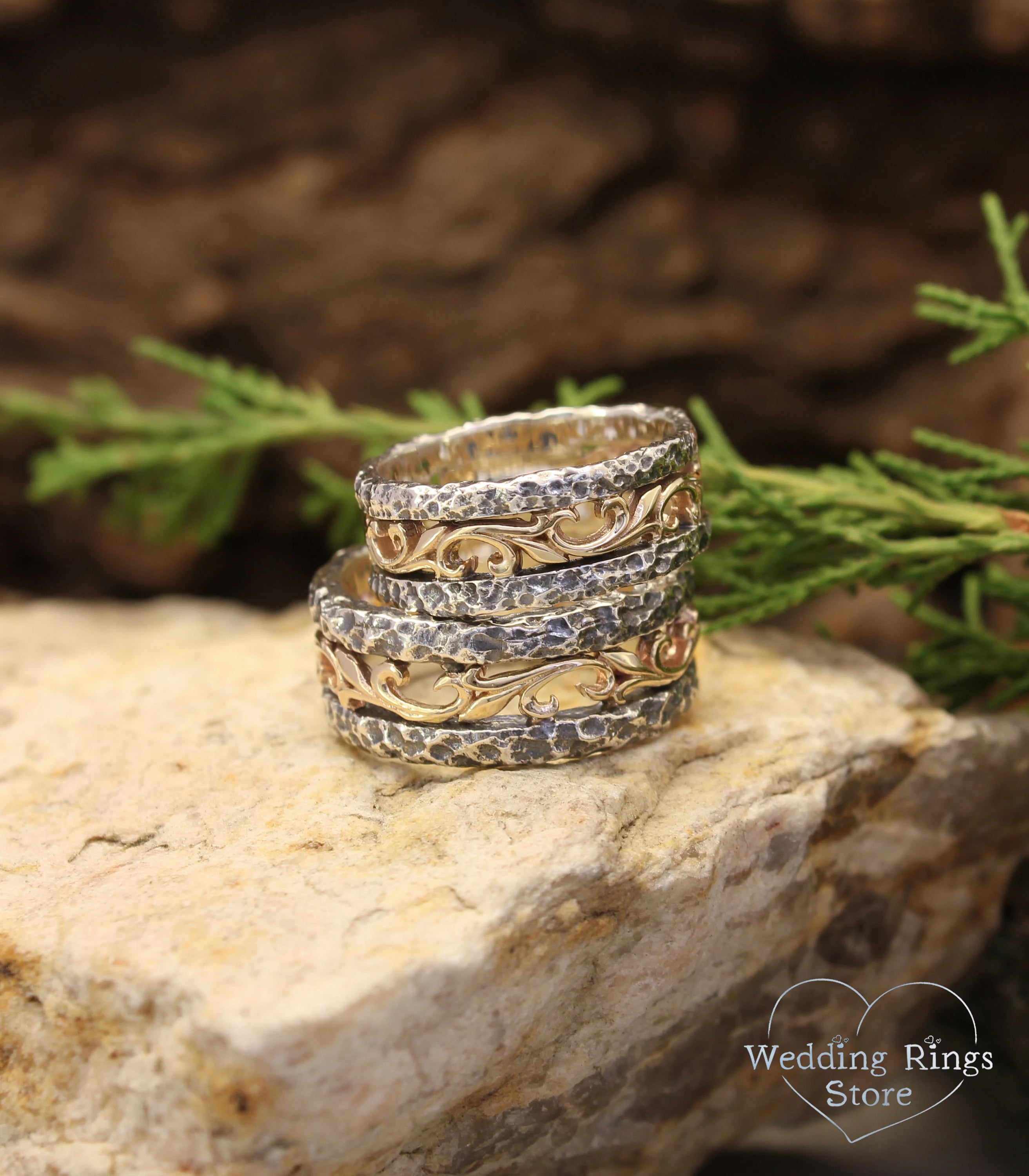 Mixed Metals Hammered and Vine matching Wedding Bands Set