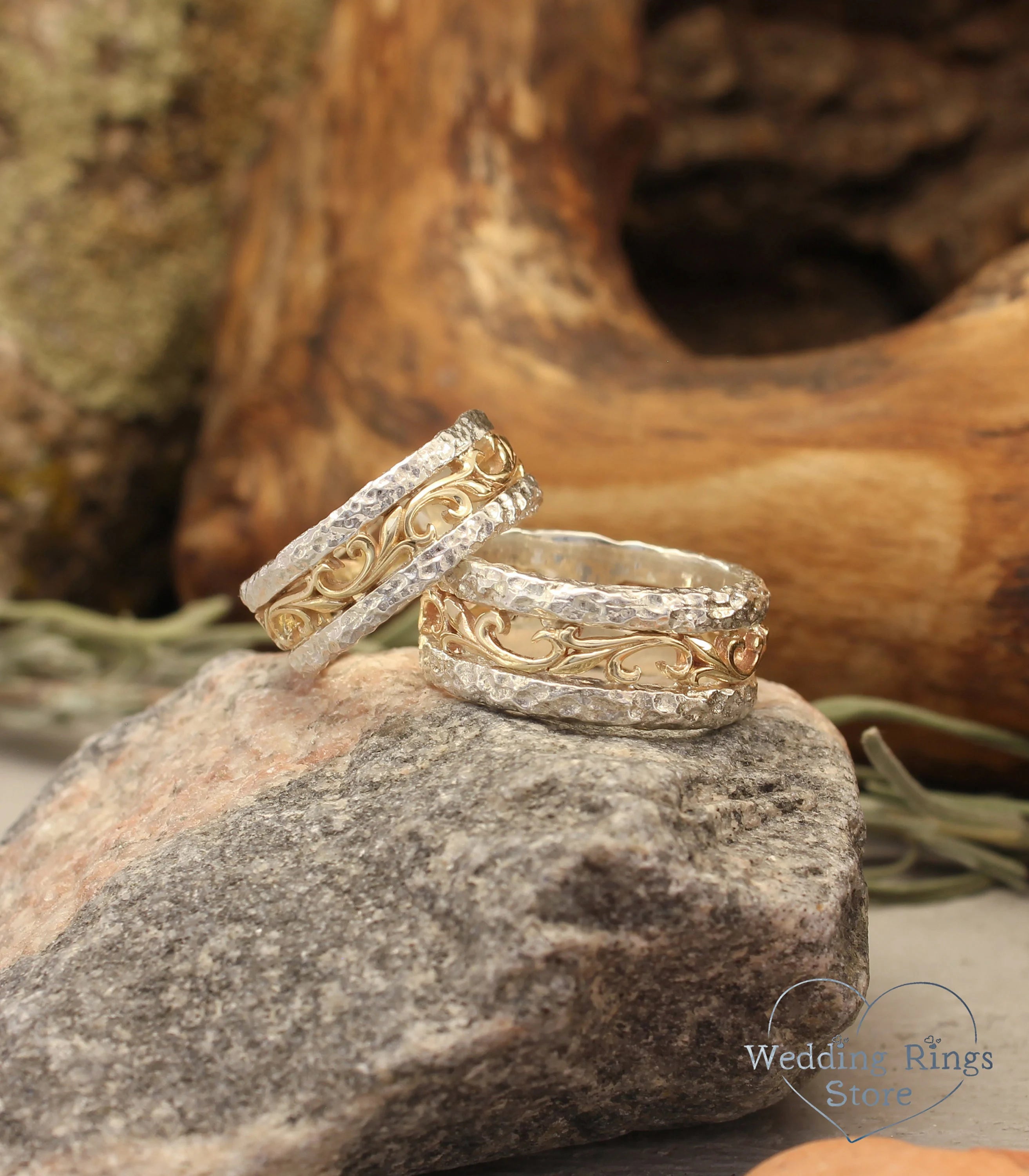 Mixed Metals Hammered and Vine matching Wedding Bands Set