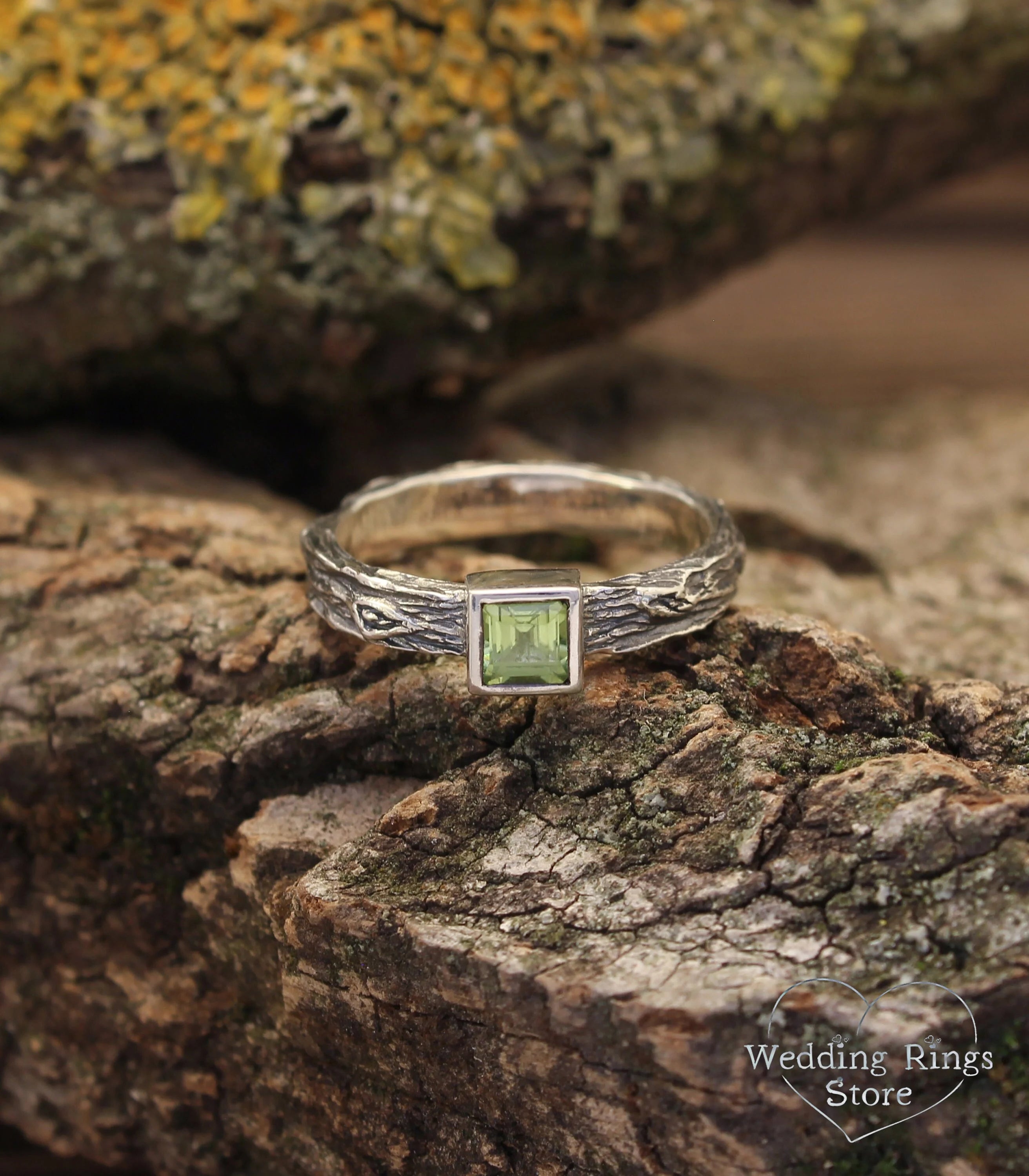 Silver Tree & Square Peridot Engagement Ring