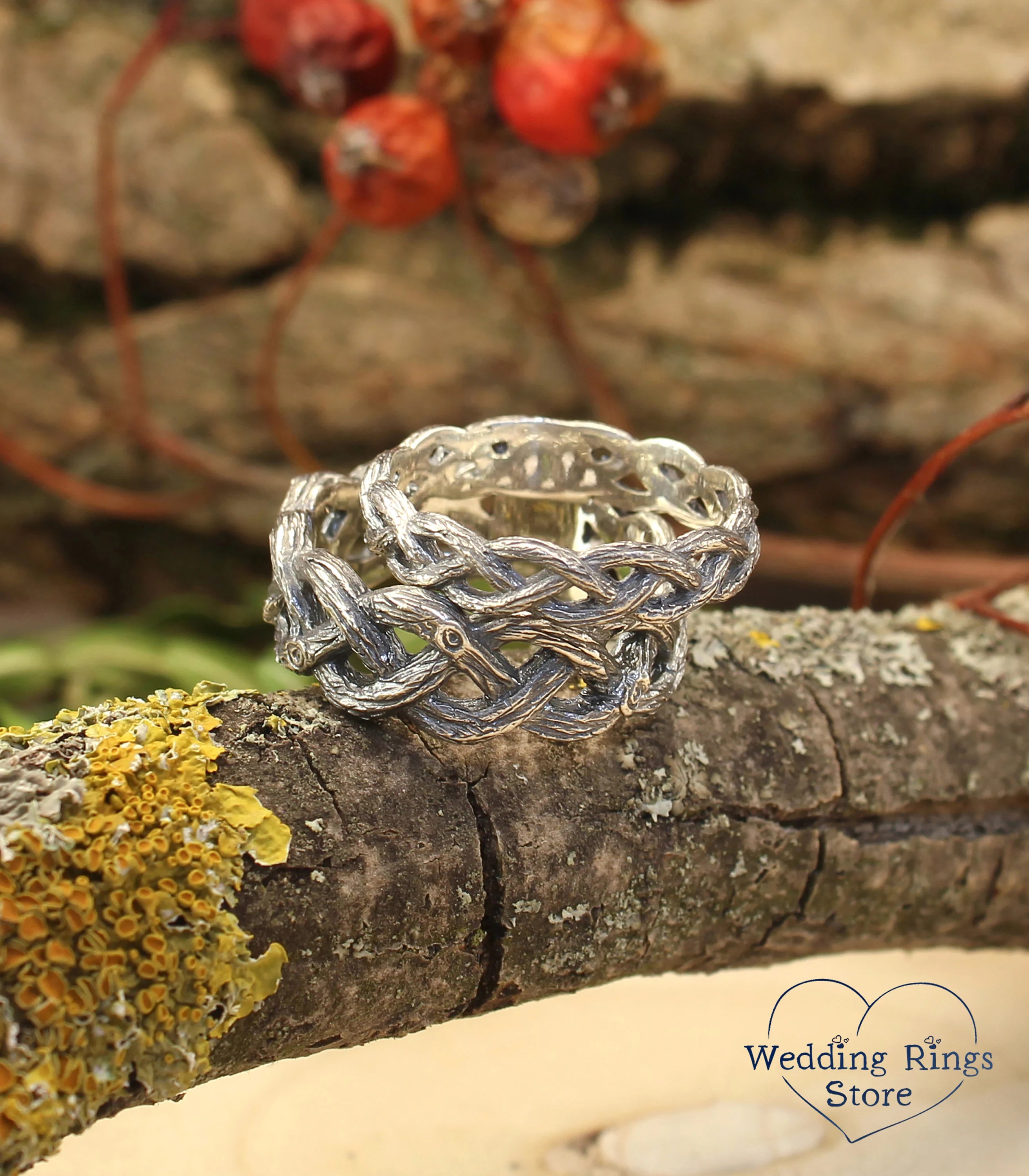 Braided Branch Simple Silver Wedding Rings Set