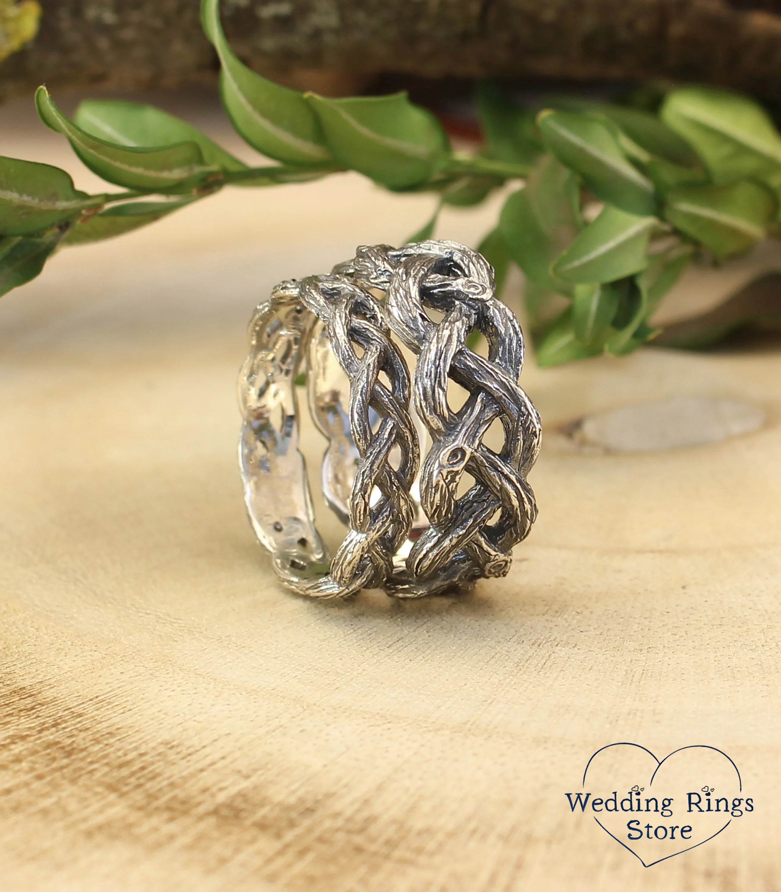 Braided Branch Simple Silver Wedding Rings Set