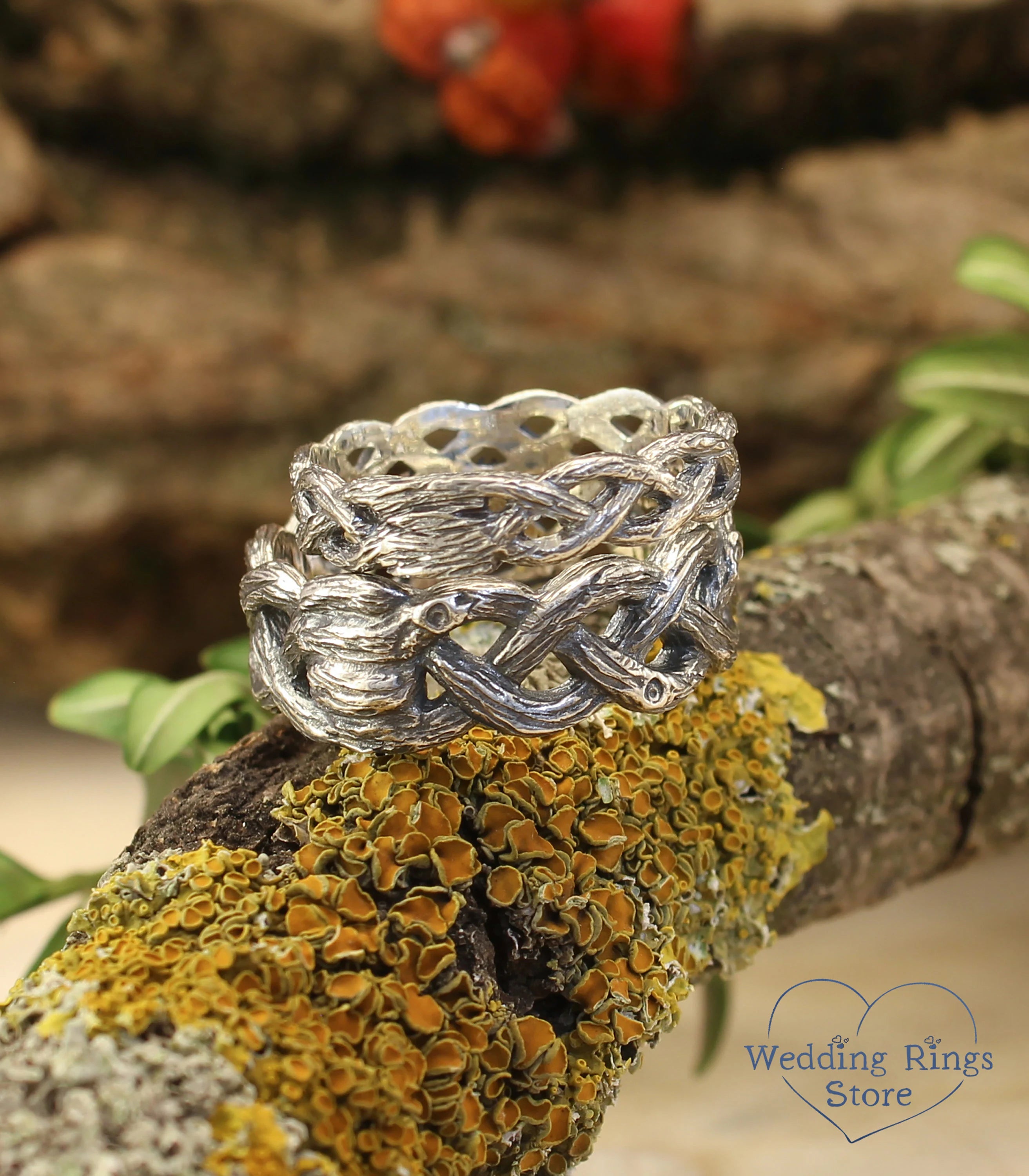 Braided Branch Simple Silver Wedding Rings Set