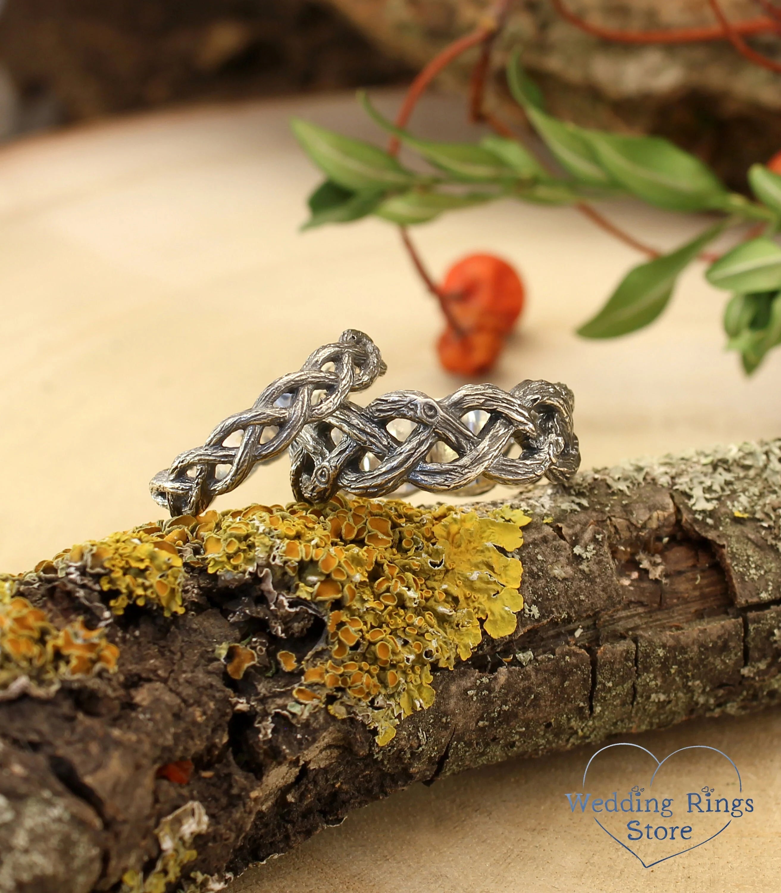 Braided Branch Simple Silver Wedding Rings Set