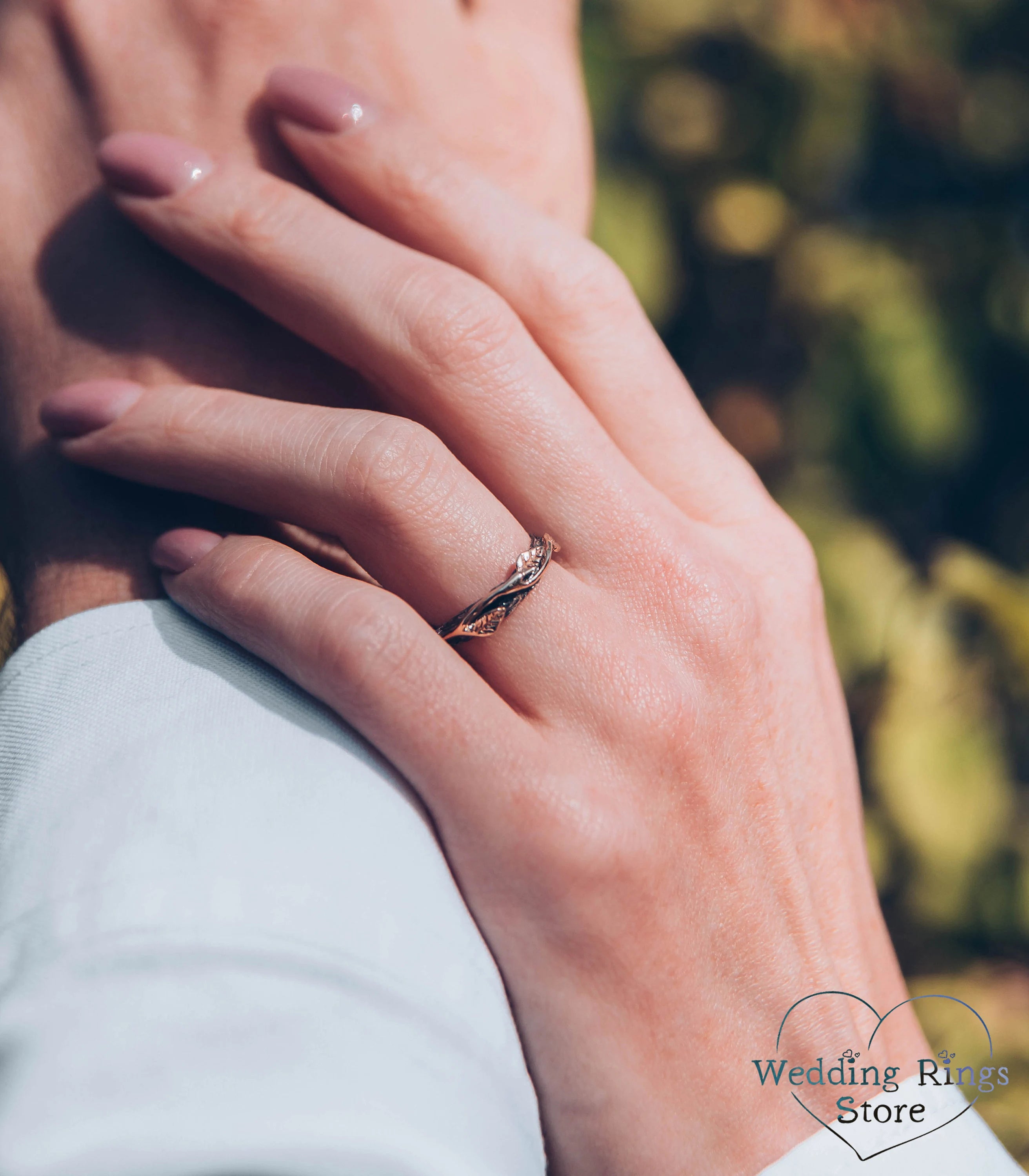 Mixed Silver & Gold Wedding Leaf Rings Set for Couple