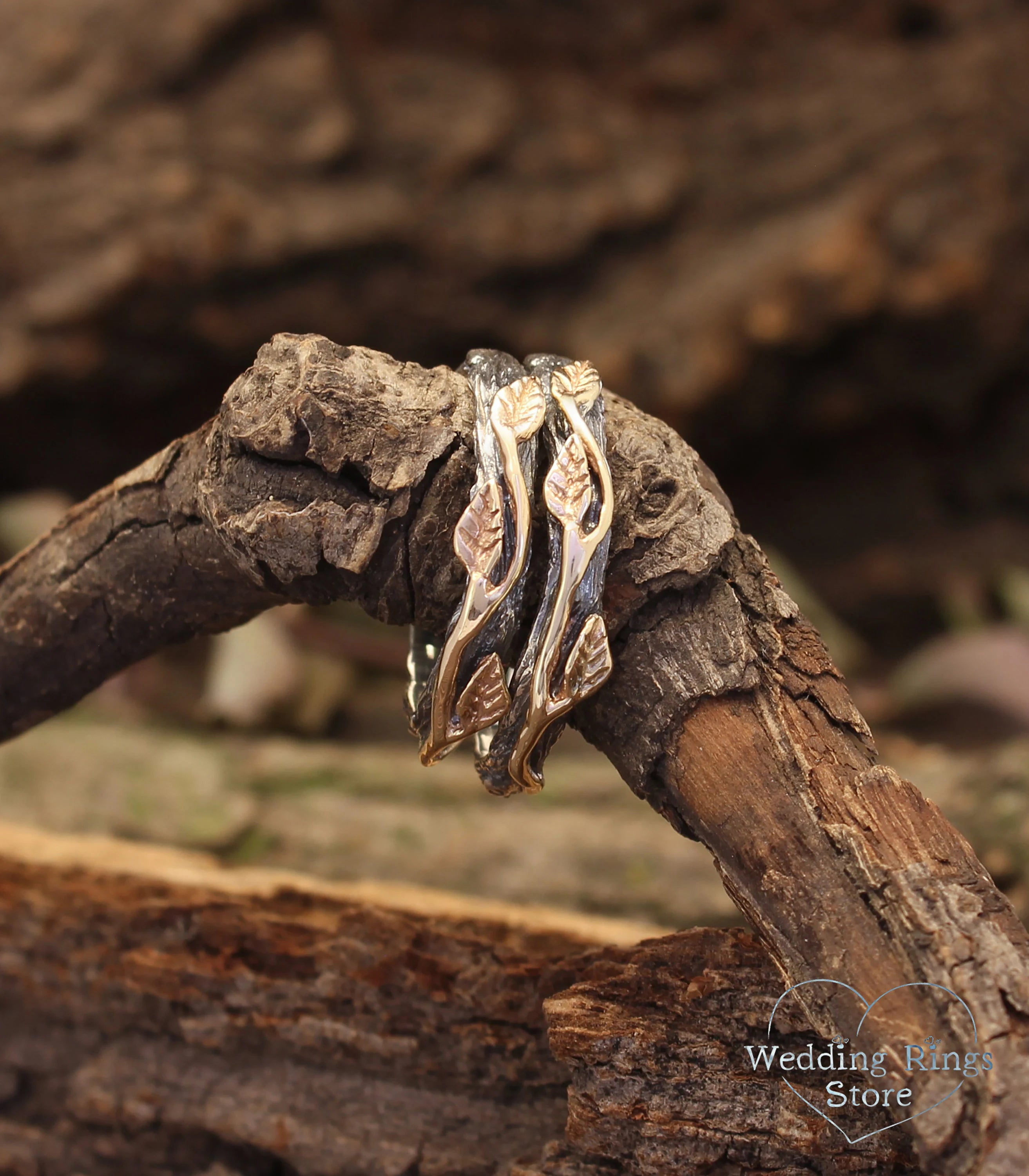 Mixed Silver & Gold Wedding Leaf Rings Set for Couple