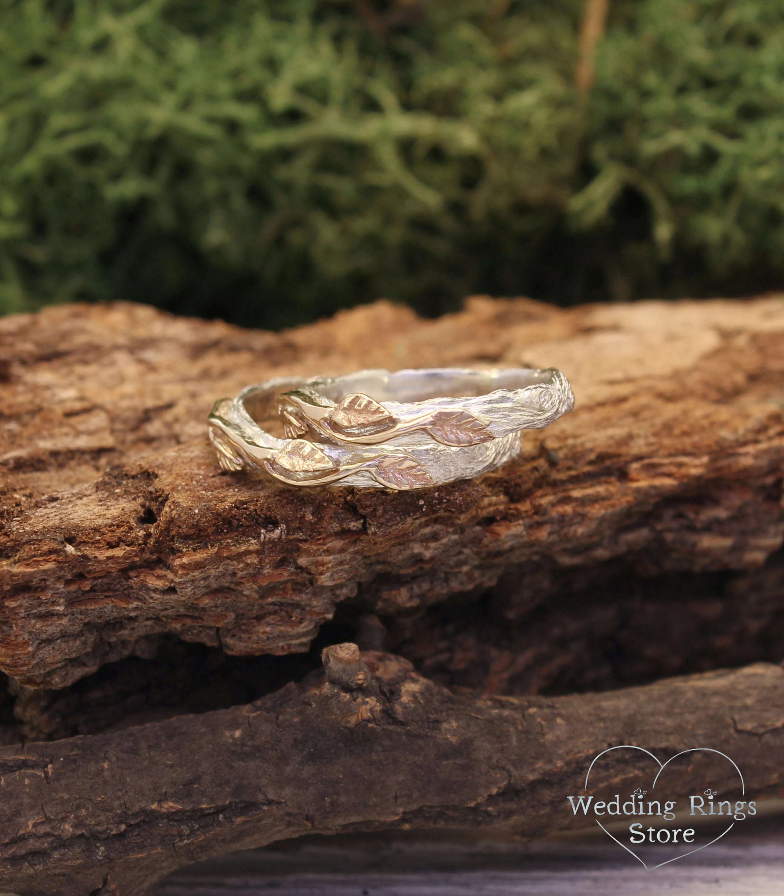 Mixed Silver & Gold Wedding Leaf Rings Set for Couple