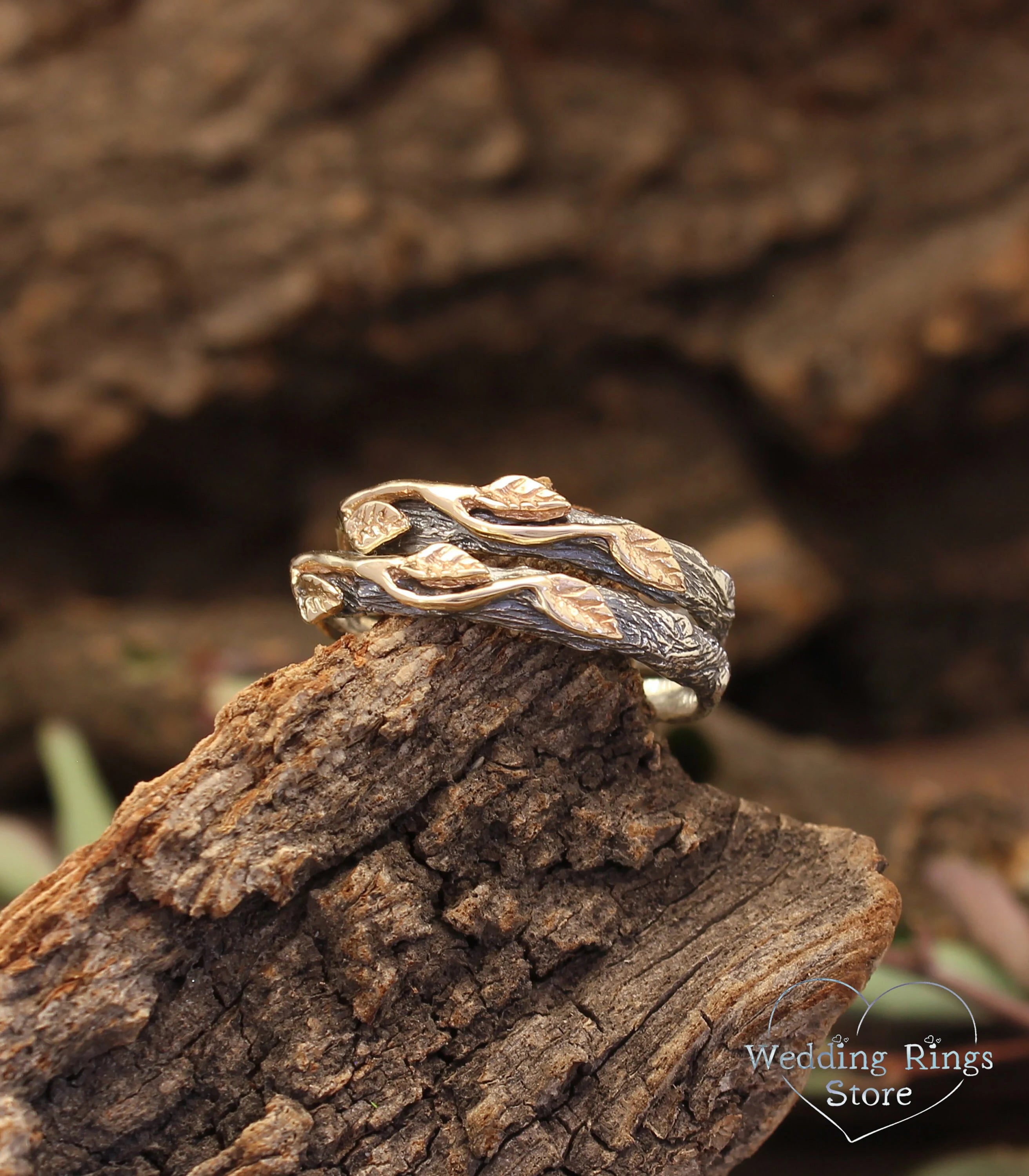 Mixed Silver & Gold Wedding Leaf Rings Set for Couple