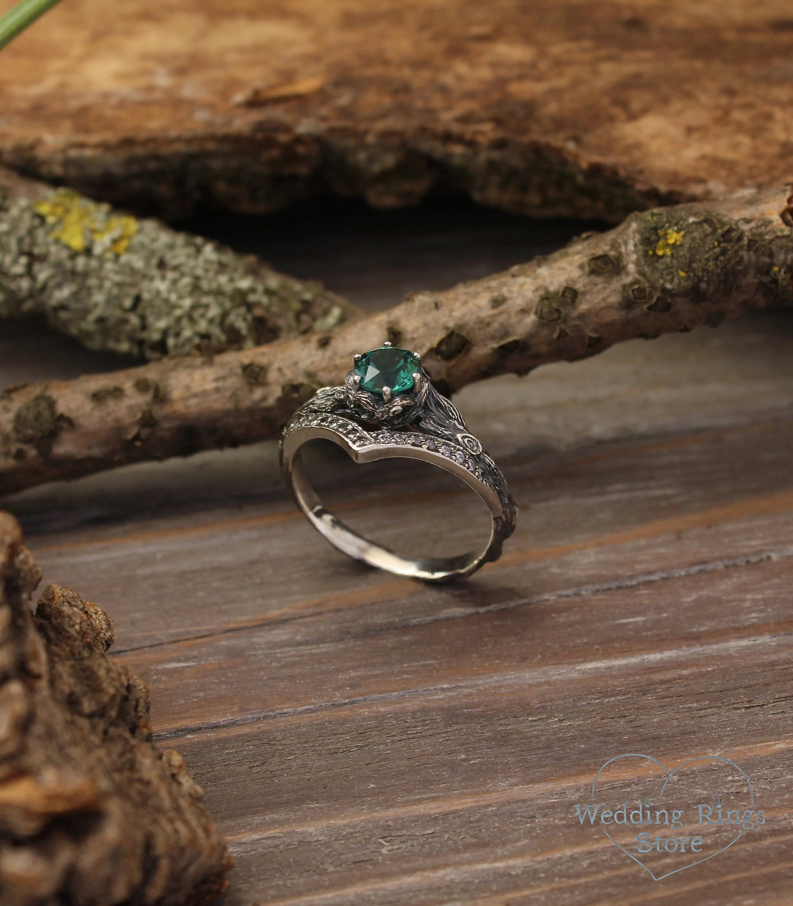 Forest Silver chevron Engagement Ring with Quartz and CZ