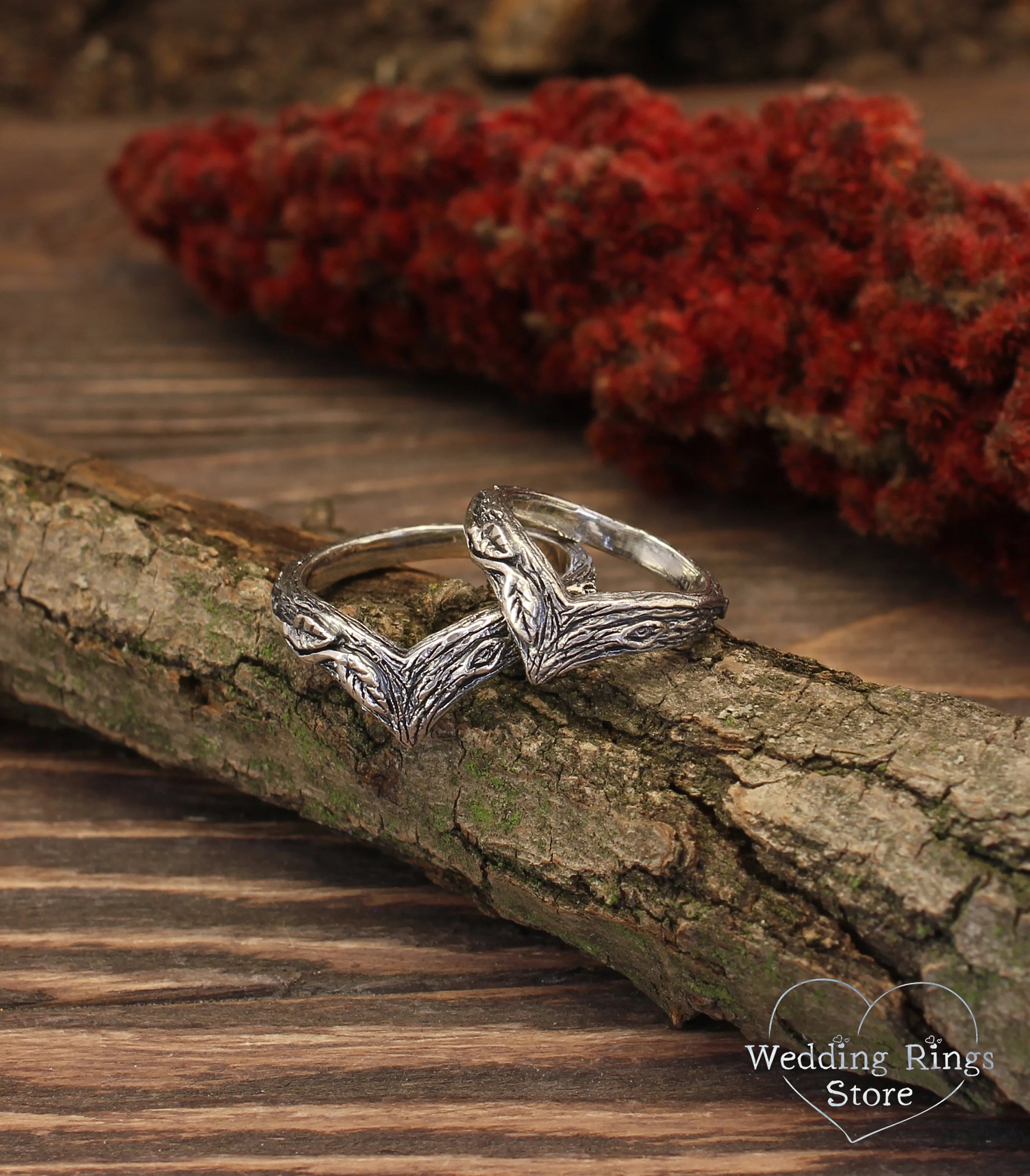 Leaves & Branch Chevron Wedding Bands Set