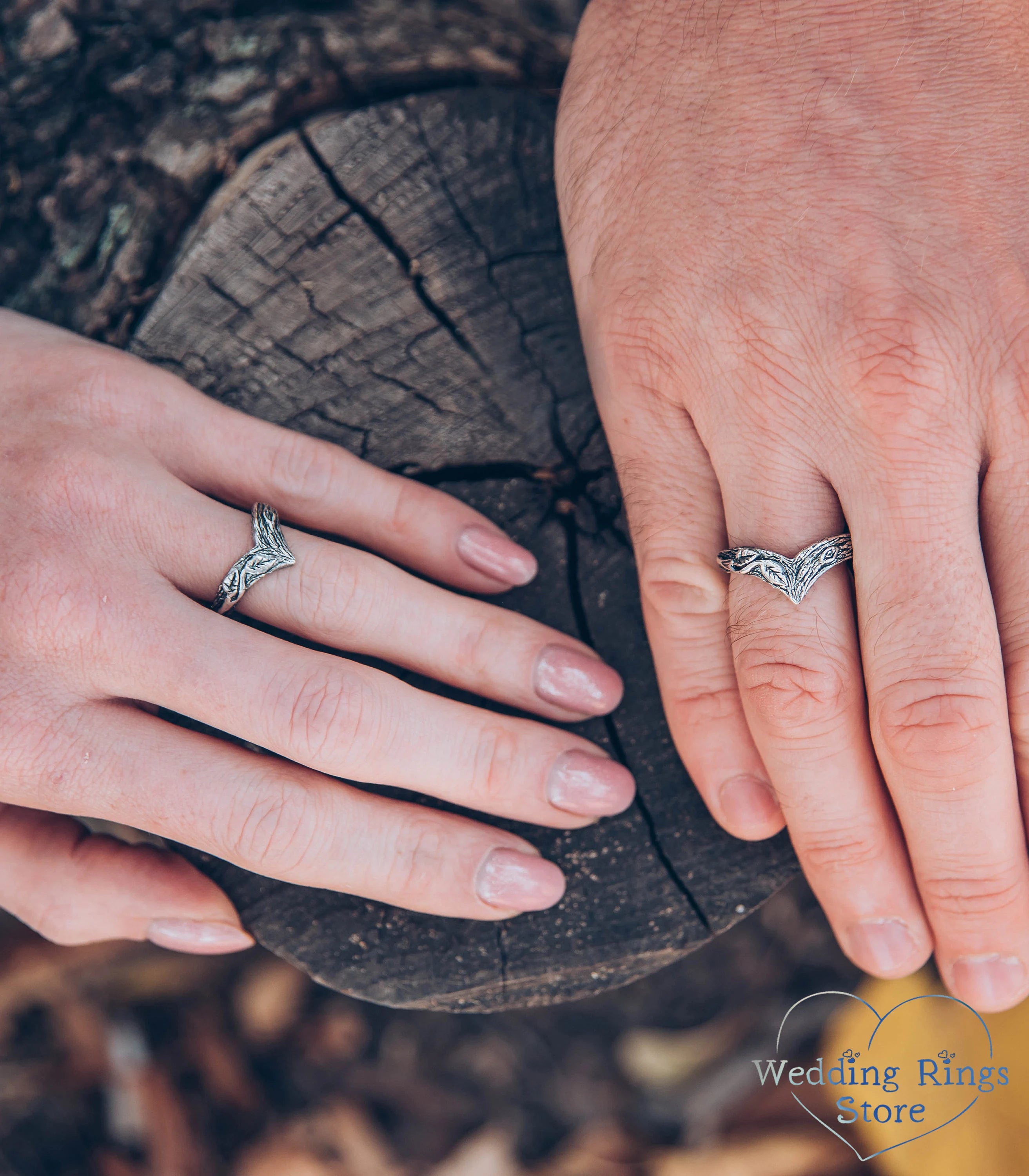 Leaves & Branch Chevron Wedding Bands Set