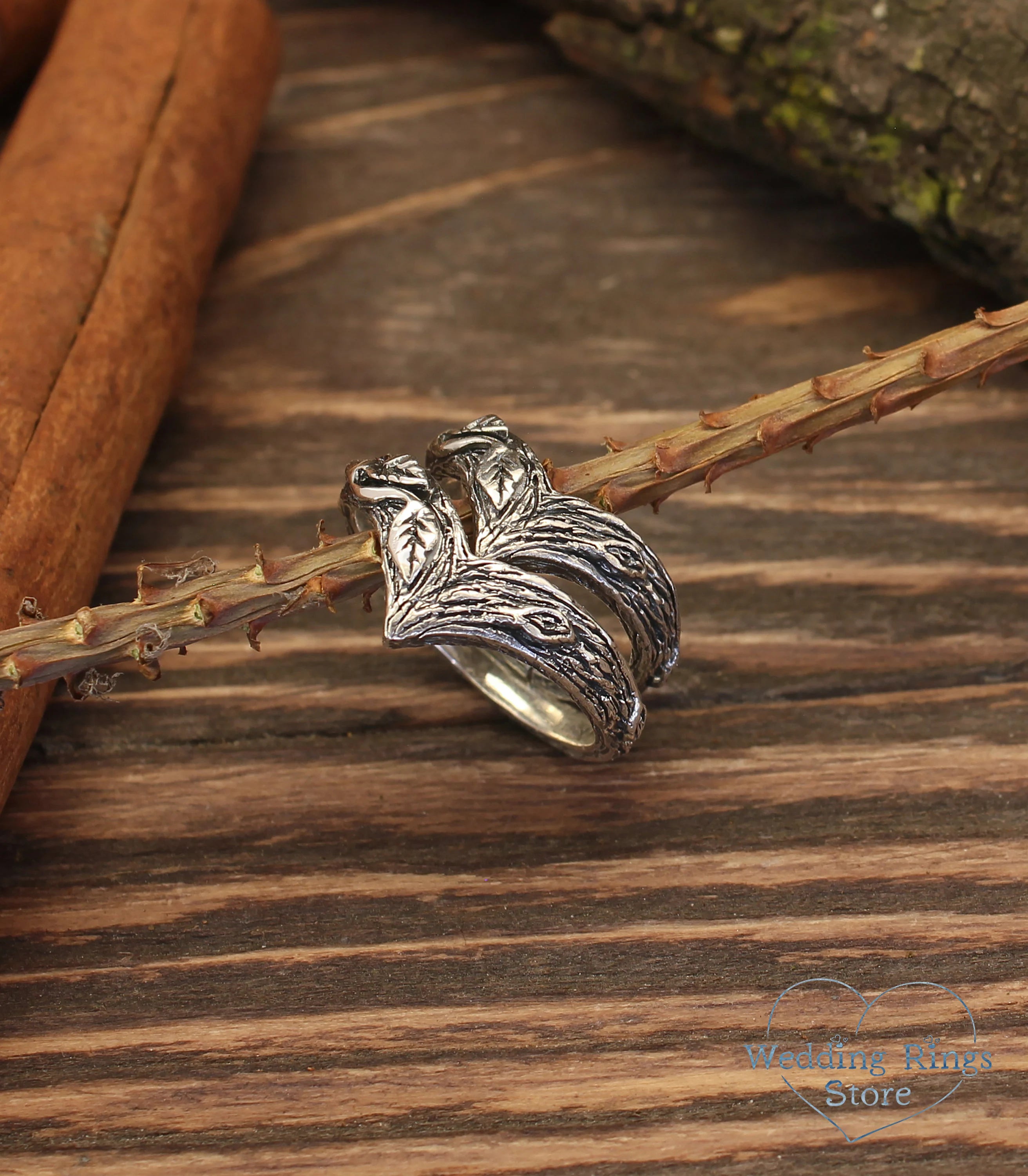 Leaves & Branch Chevron Wedding Bands Set