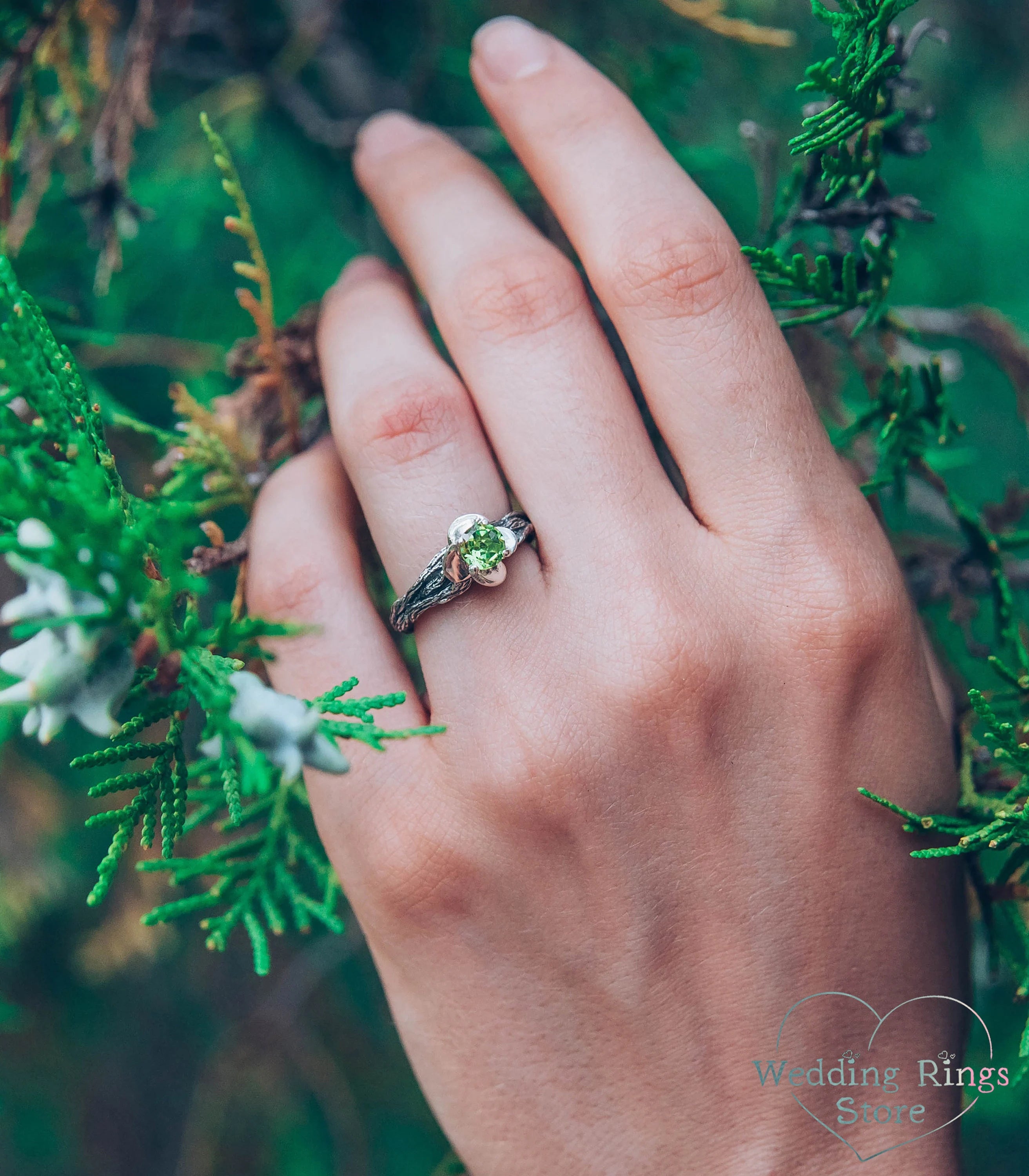 Green Peridot Branch Ring with Flower & Silver petals