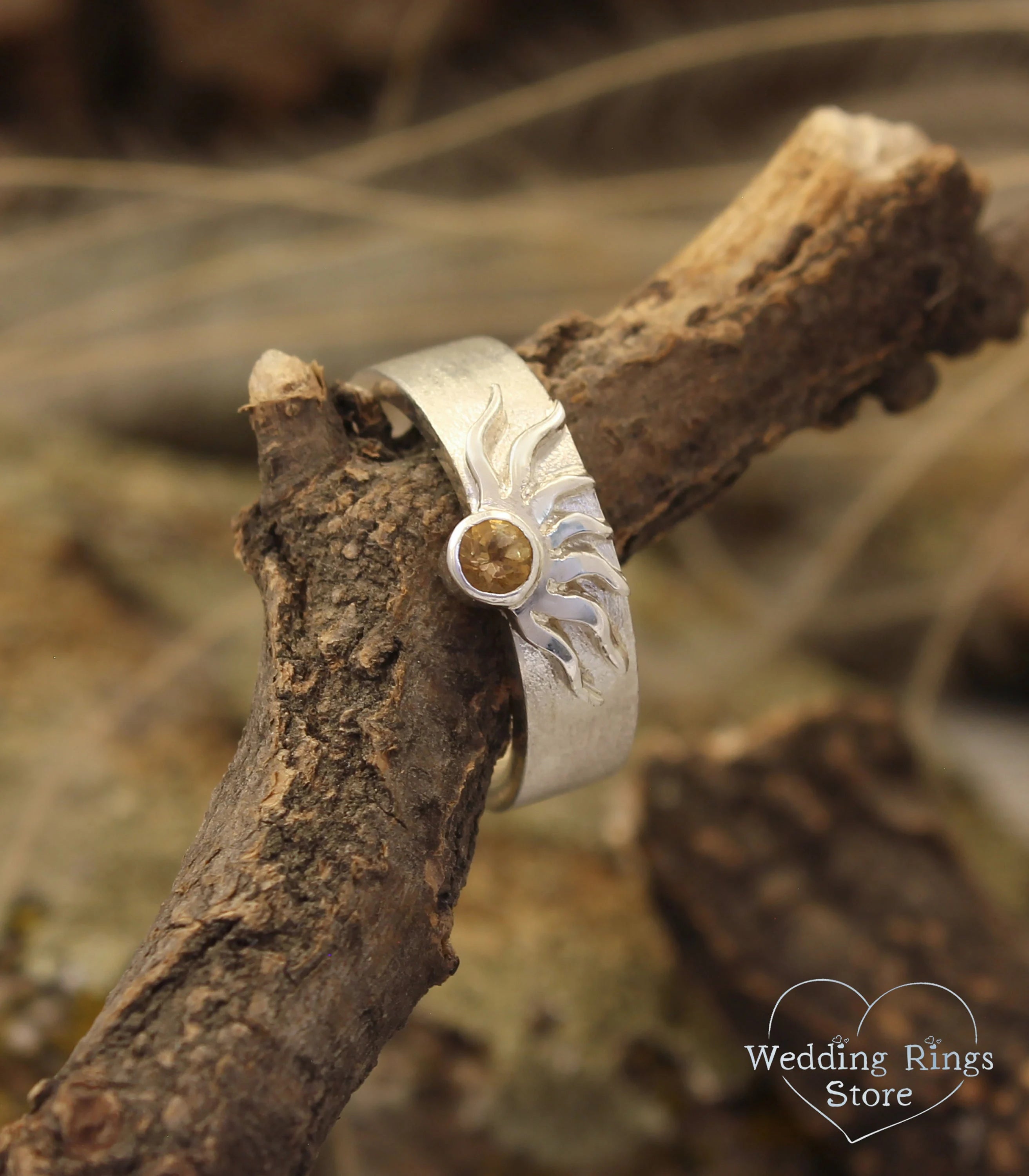 Sun Wedding Ring with Citrine for Her — Matte Silver Gemstone Ring